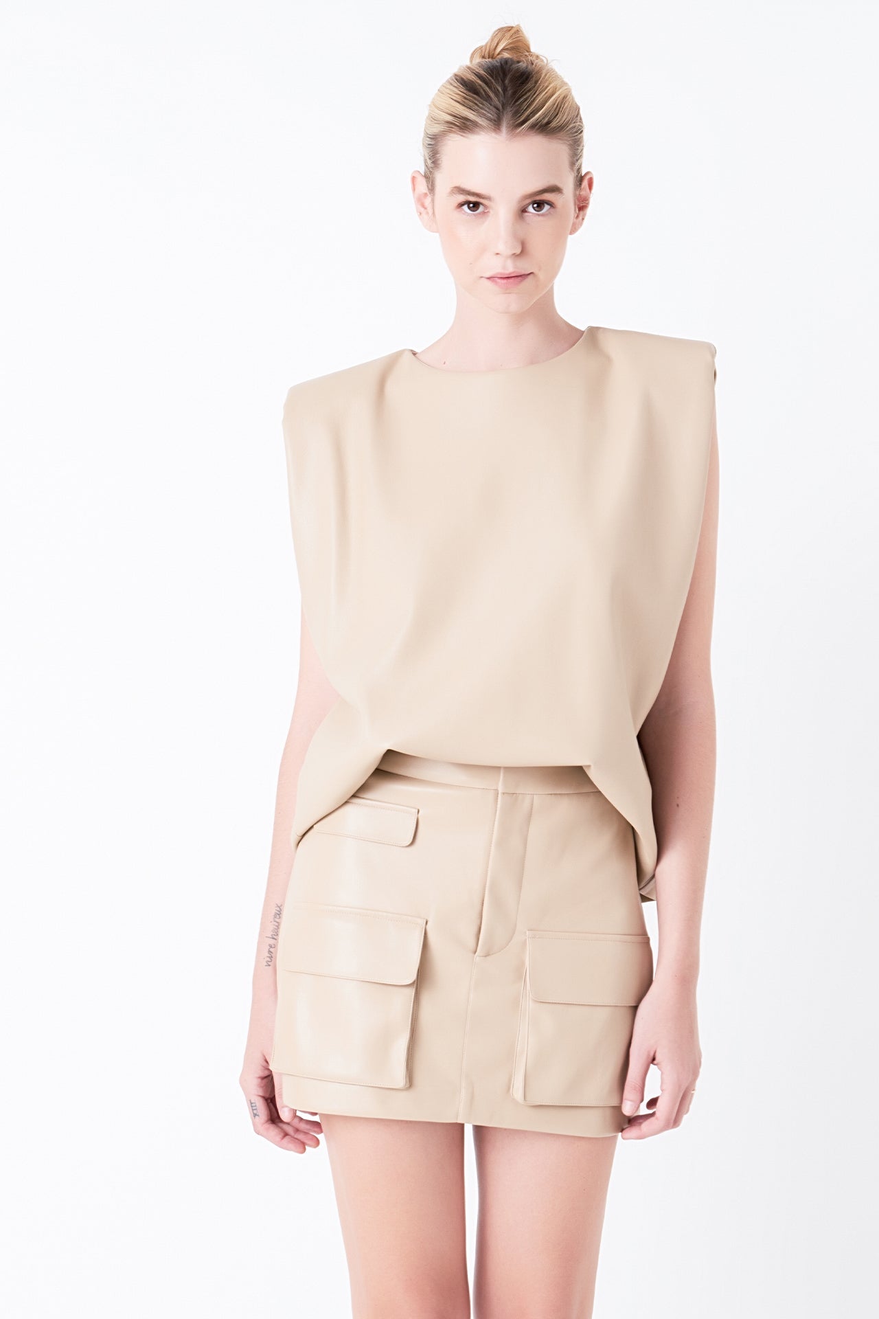 Shoulder Padded Faux Leather Top