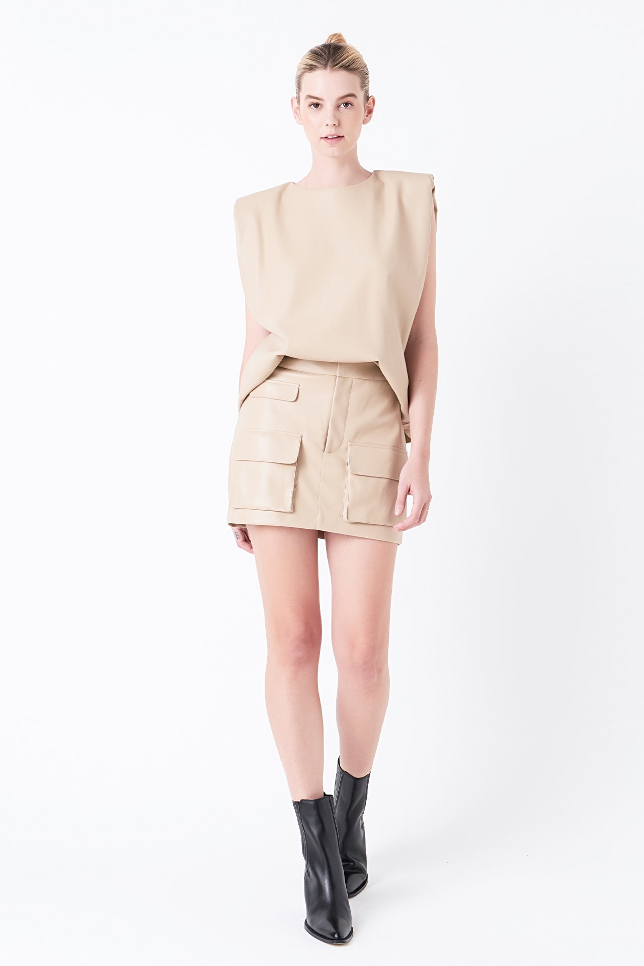 Shoulder Padded Faux Leather Top