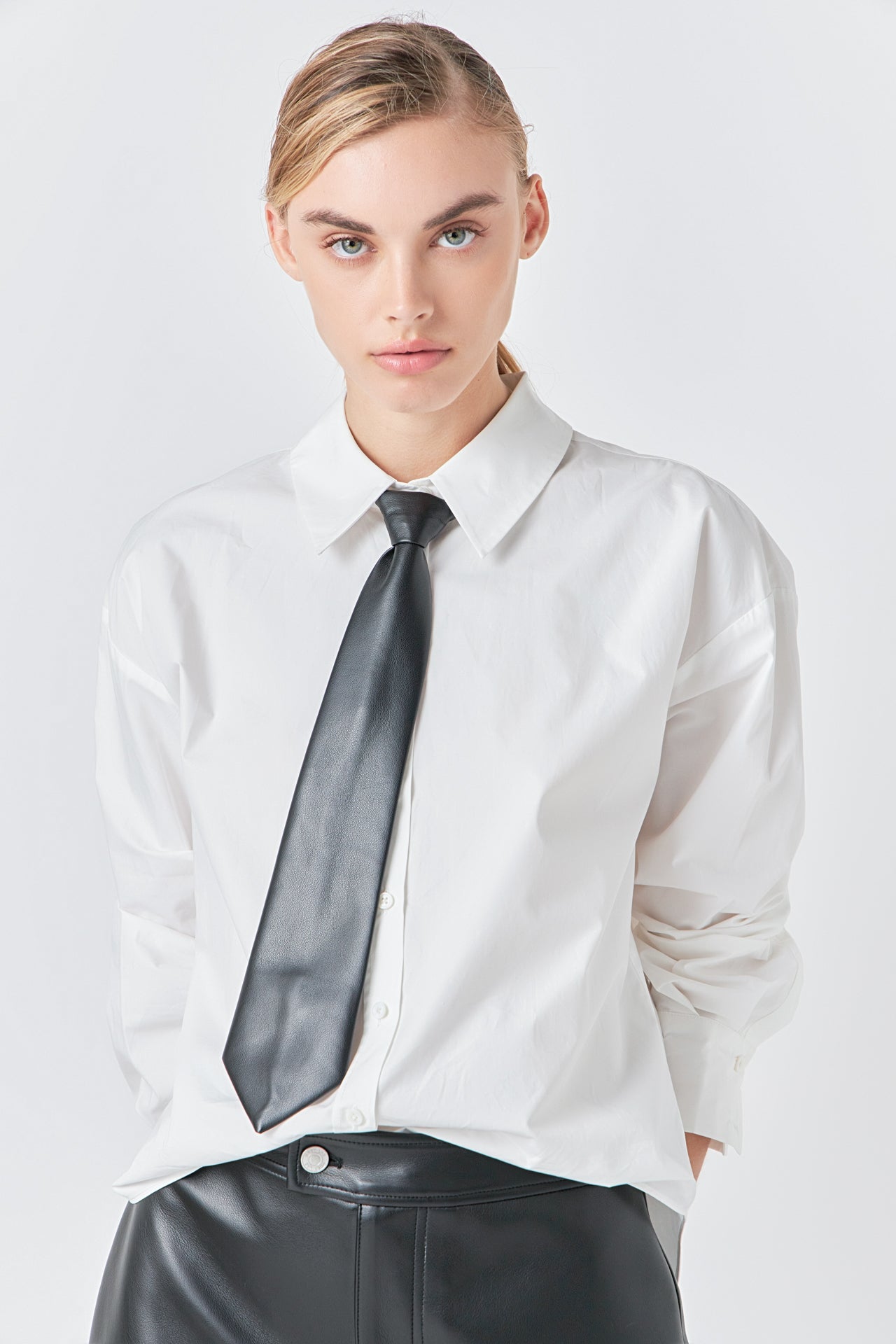 Shirt with Faux Leather Necktie