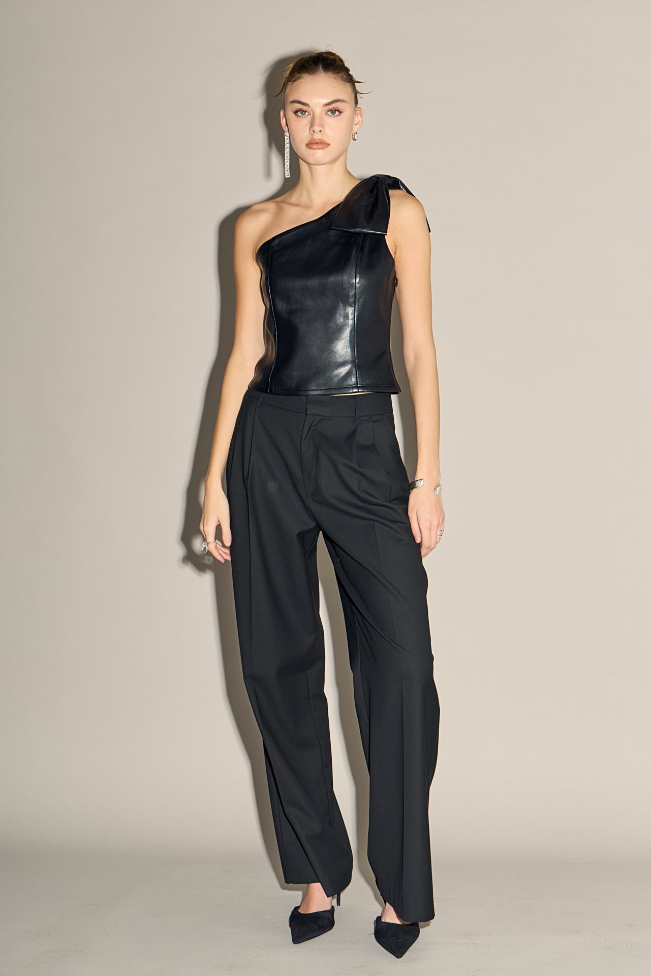 Asymmetric Faux Leather Top with Bow Tie