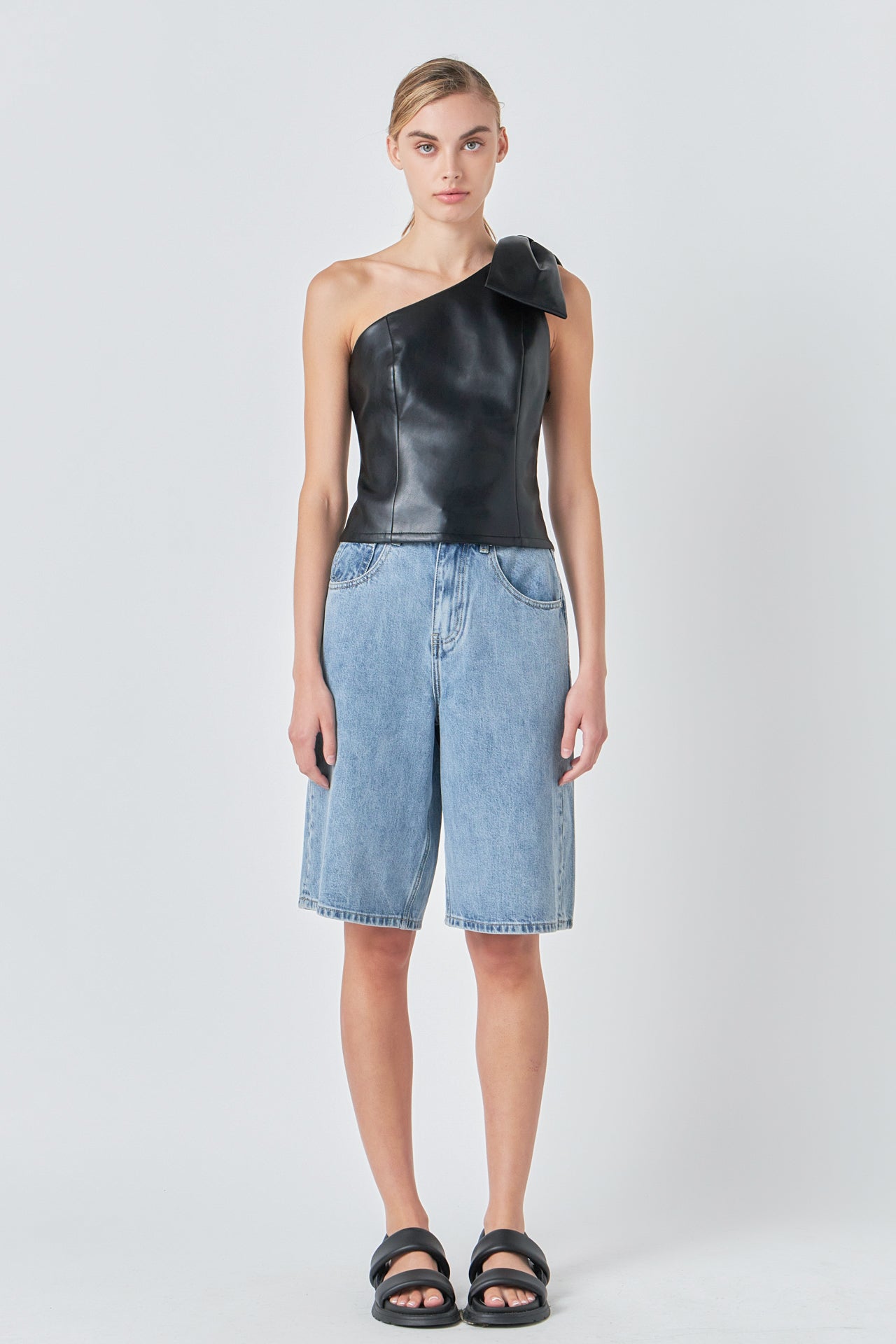 Asymmetric Faux Leather Top with Bow Tie