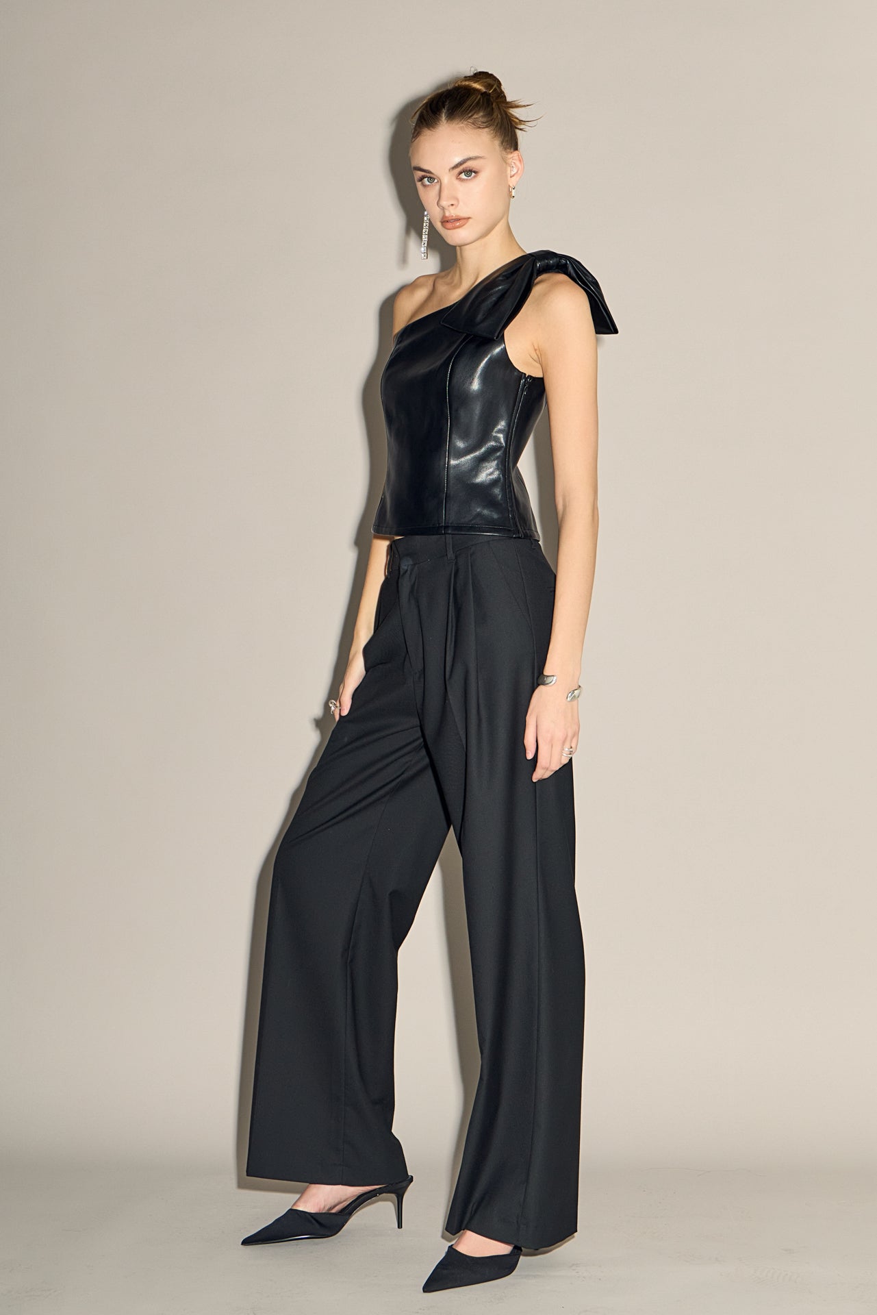 Asymmetric Faux Leather Top with Bow Tie