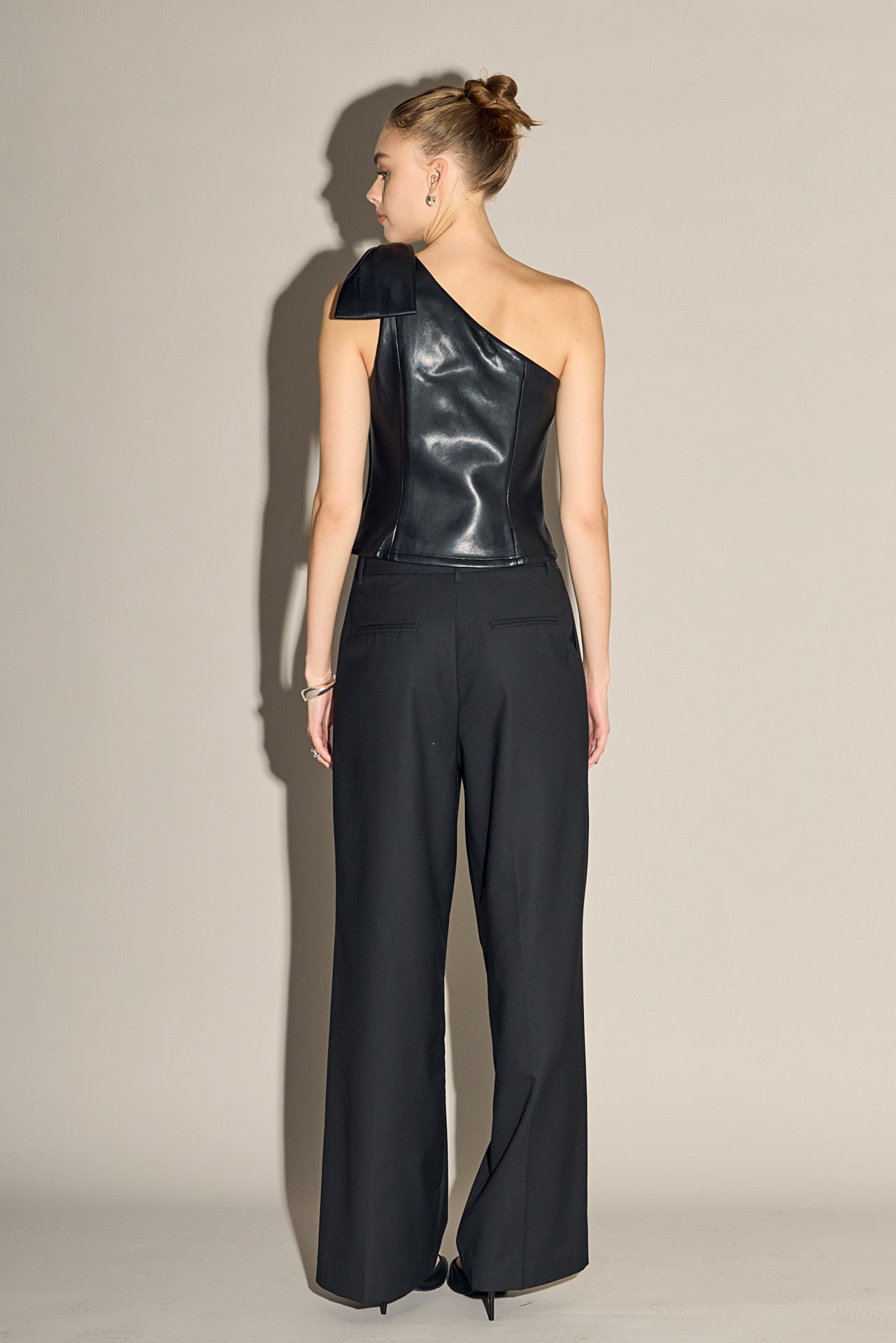 Asymmetric Faux Leather Top with Bow Tie