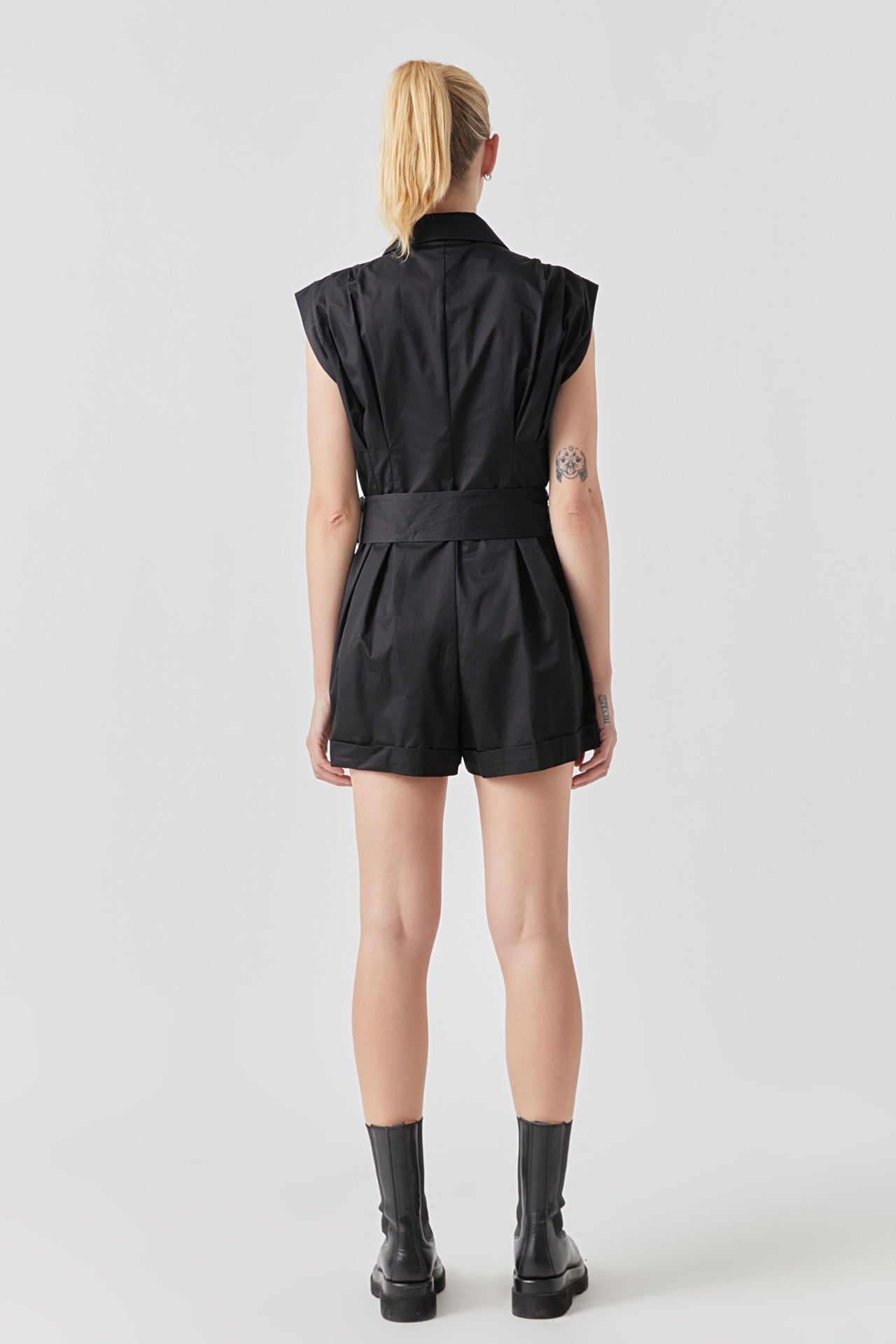 Shoulder Pleated Collared Romper
