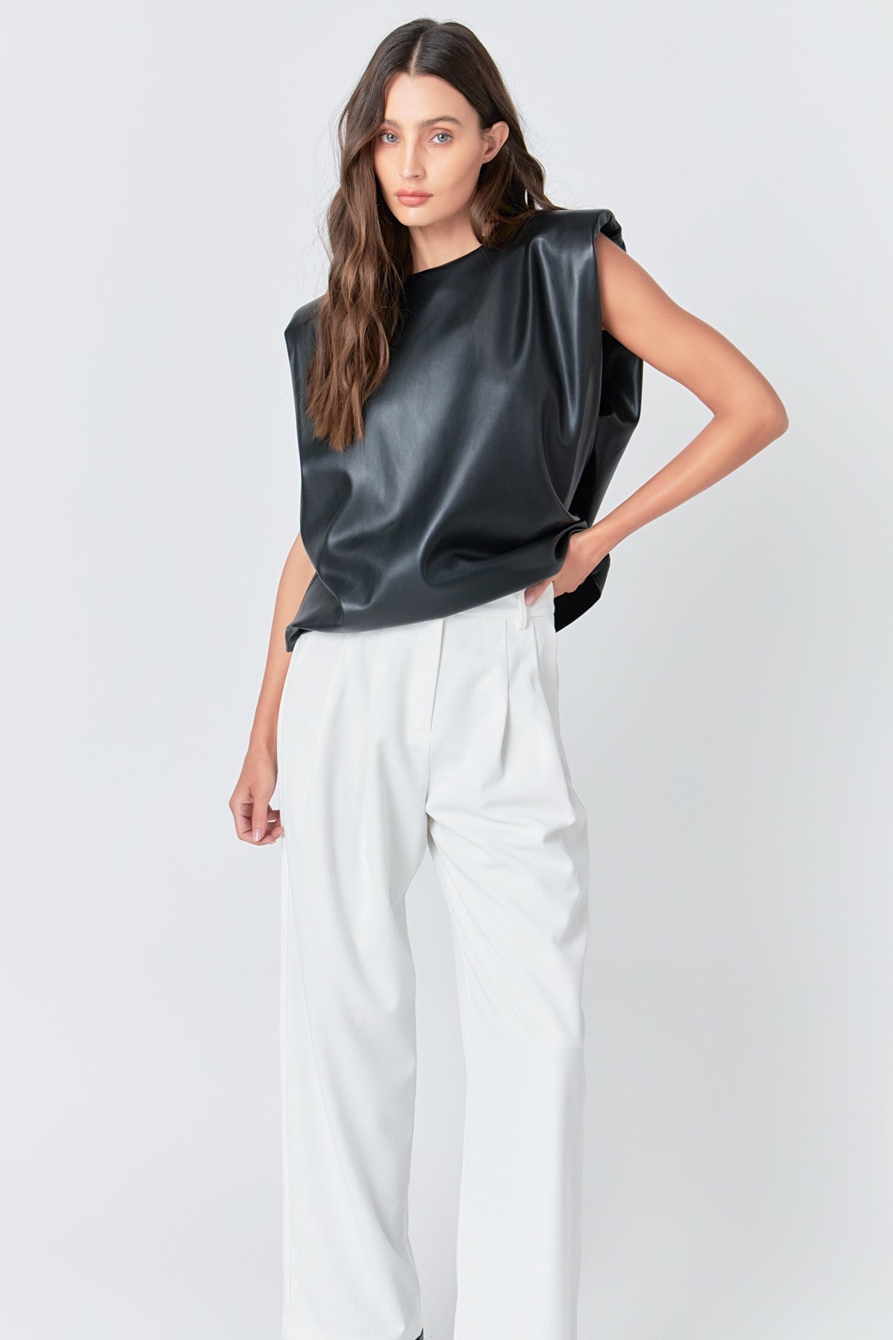 Shoulder Padded Faux Leather Top