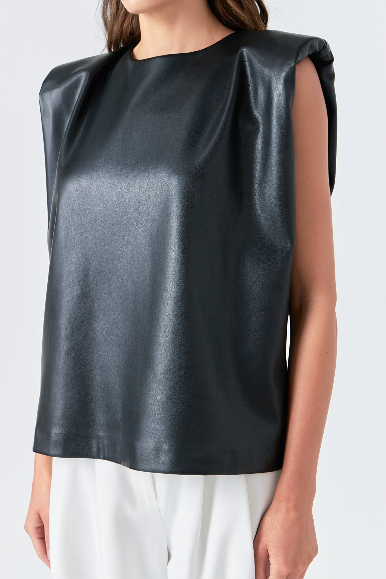 Shoulder Padded Faux Leather Top