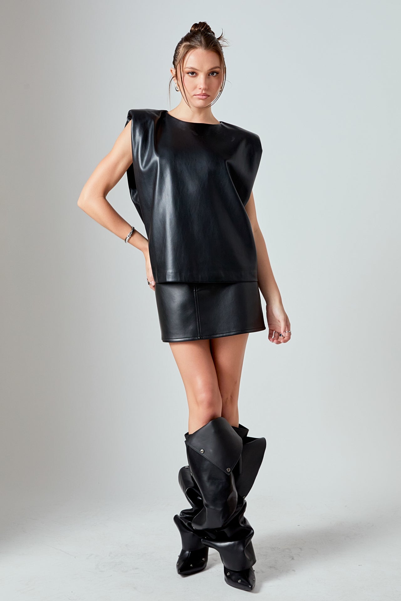 Shoulder Padded Faux Leather Top
