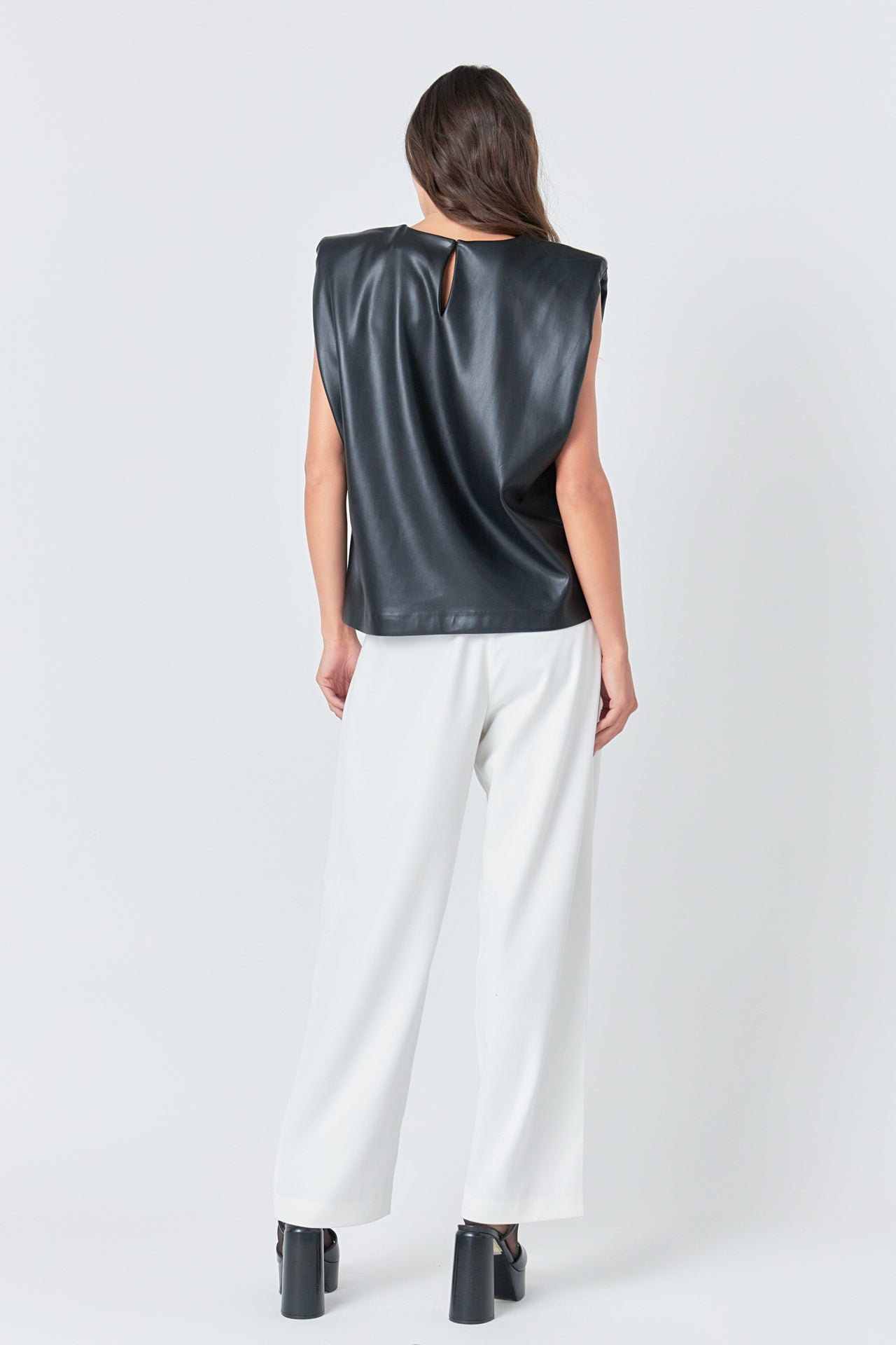 Shoulder Padded Faux Leather Top
