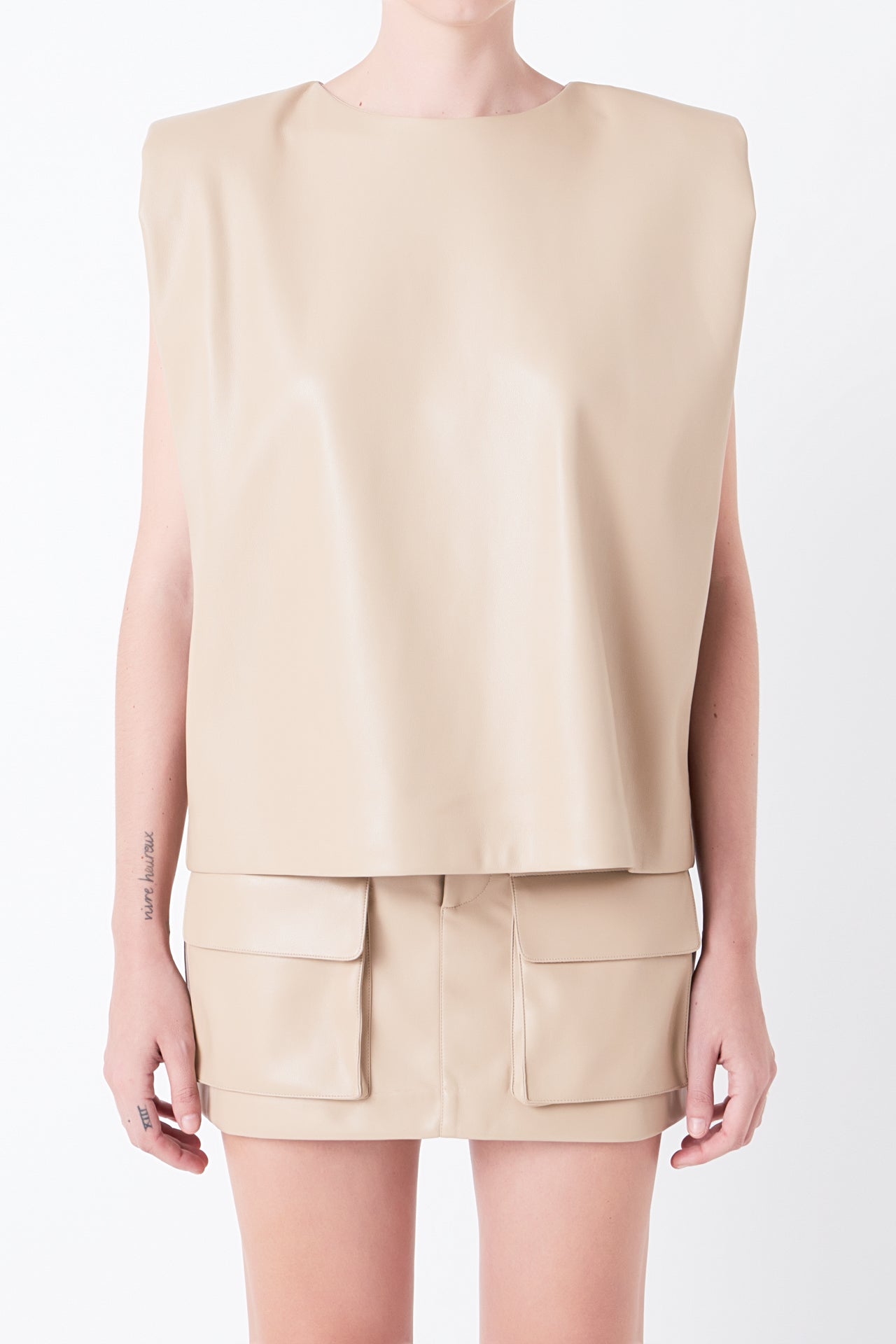 Shoulder Padded Faux Leather Top