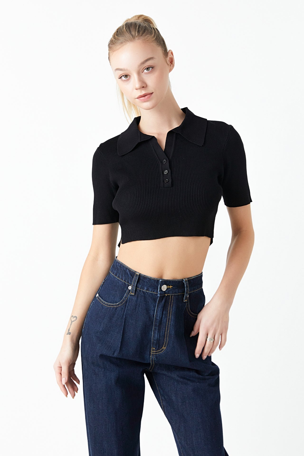 Ribbed Polo Knit Top with Side slit