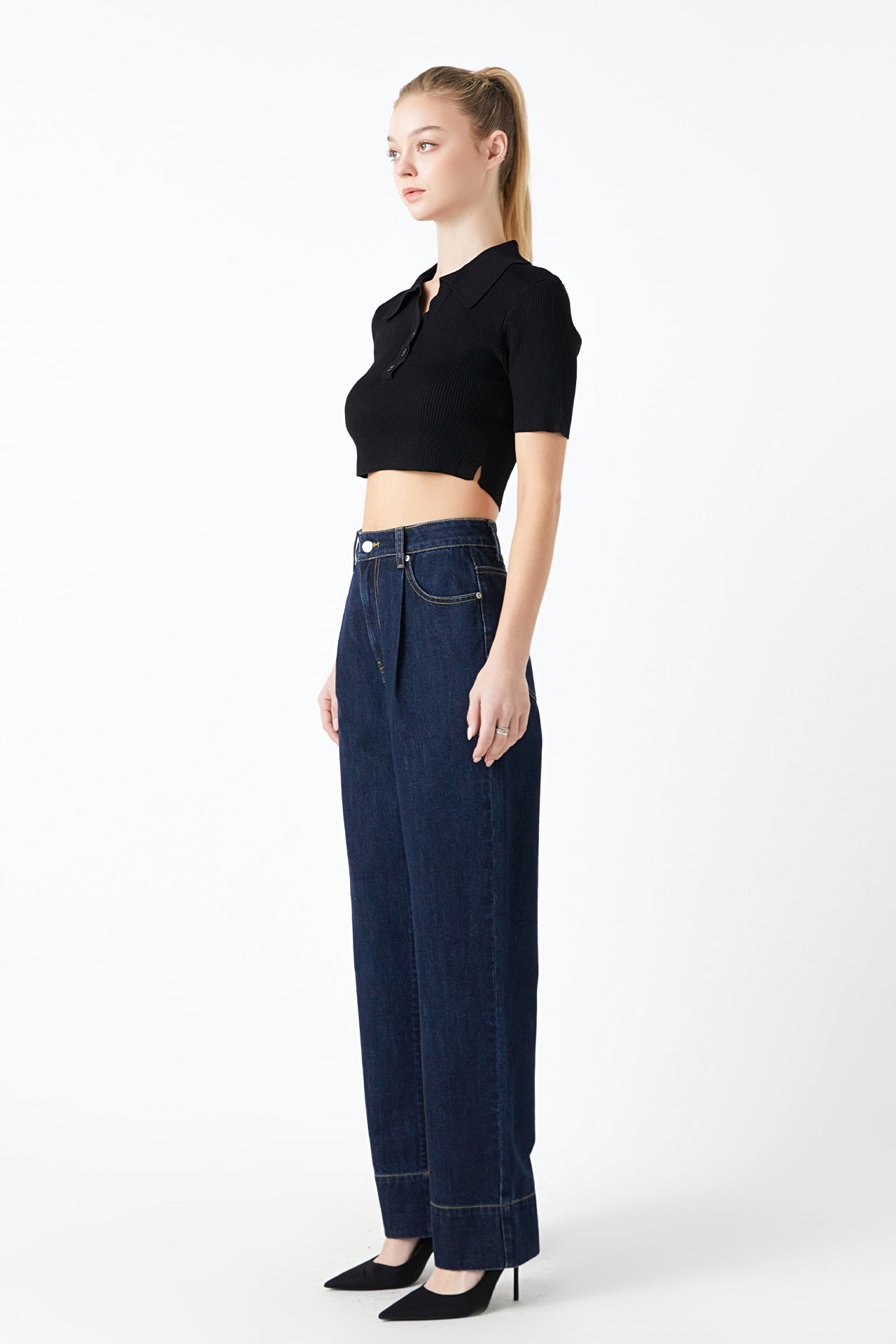 Ribbed Polo Knit Top with Side slit