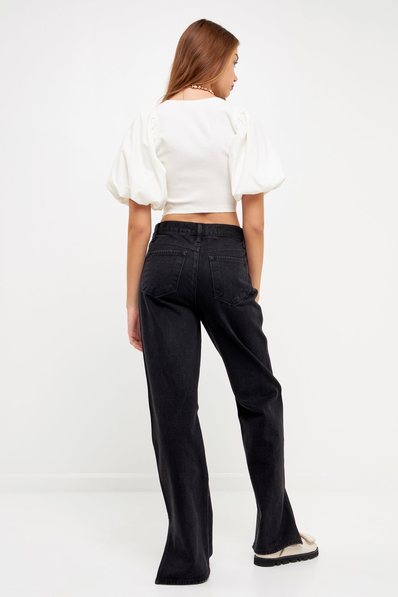 GREY LAB-Square neckline Puff Sleeve Stretch Fabric Top-TOPS available at Objectrare