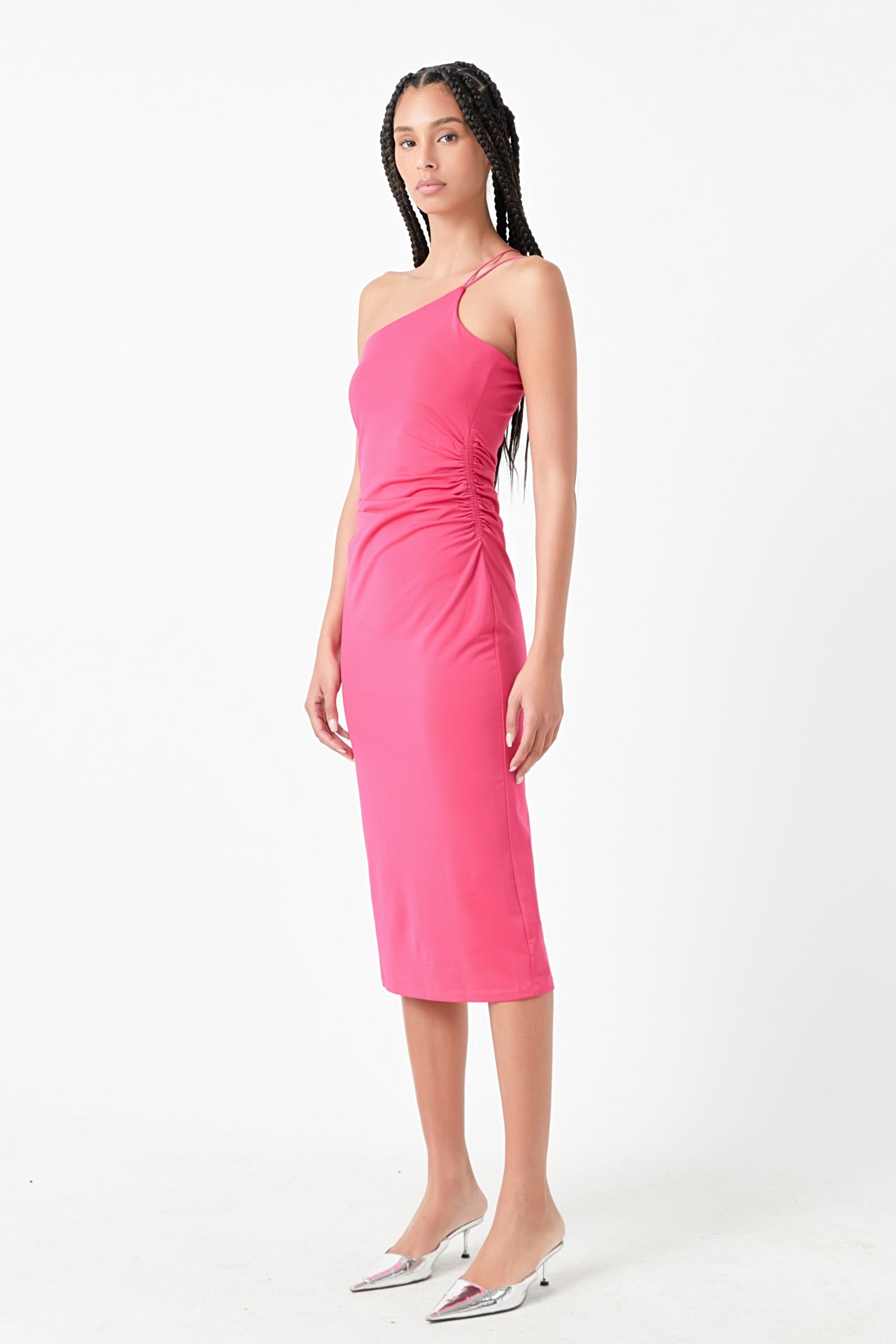 Asymmetrical Strap Shirred Knit Dress