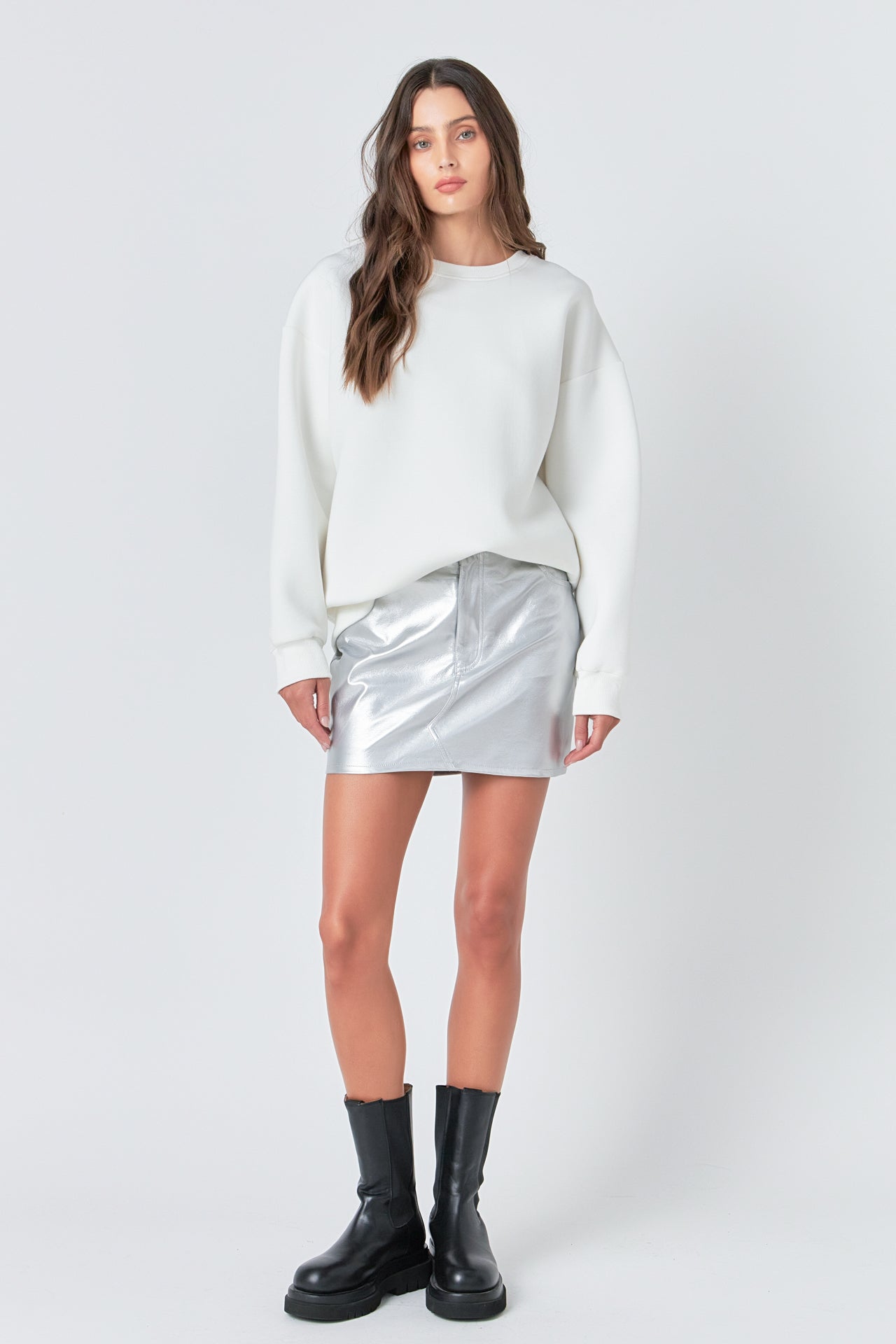 Silver metallic clearance leather mini skirt