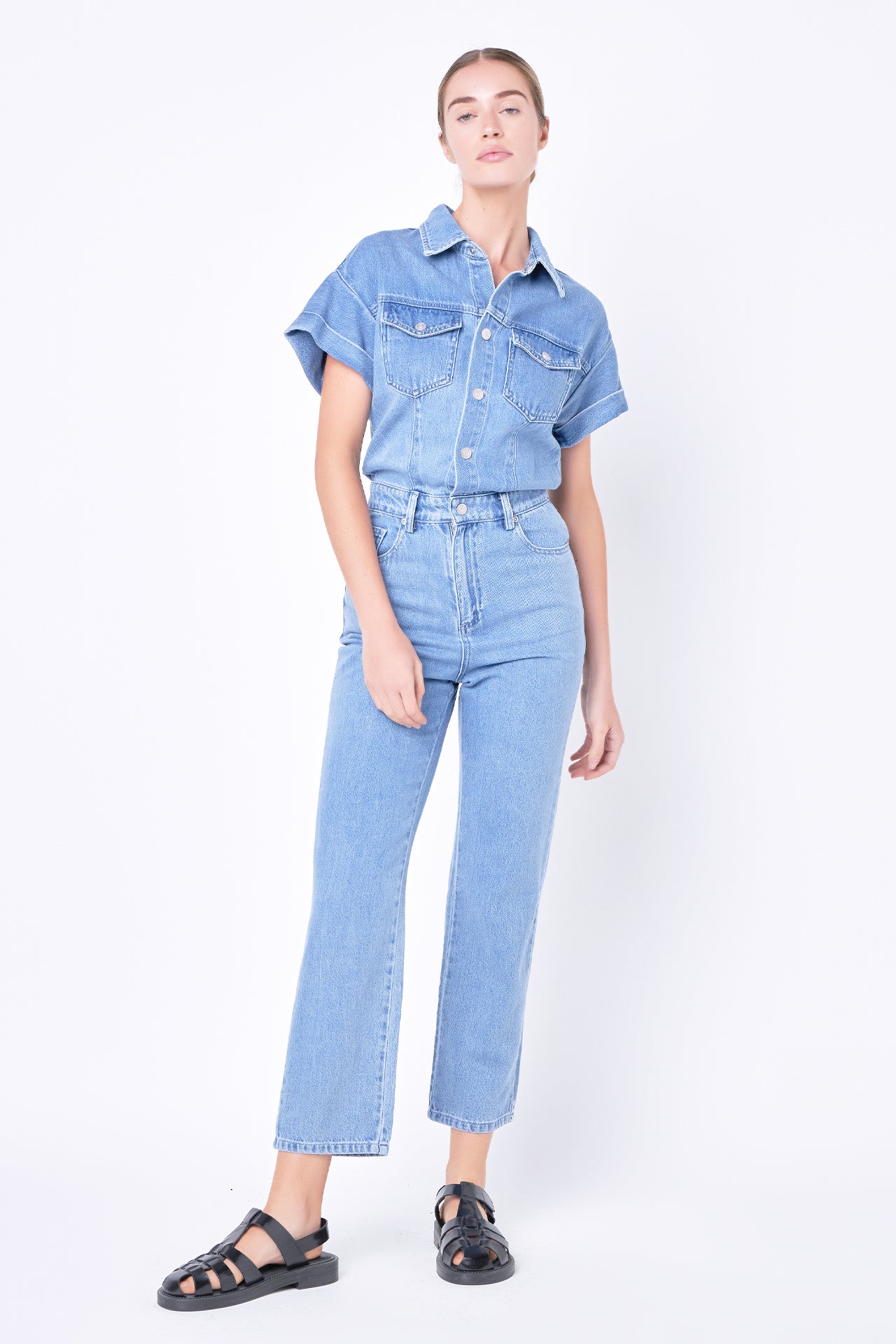 Short Sleeve Denim Jumpsuit