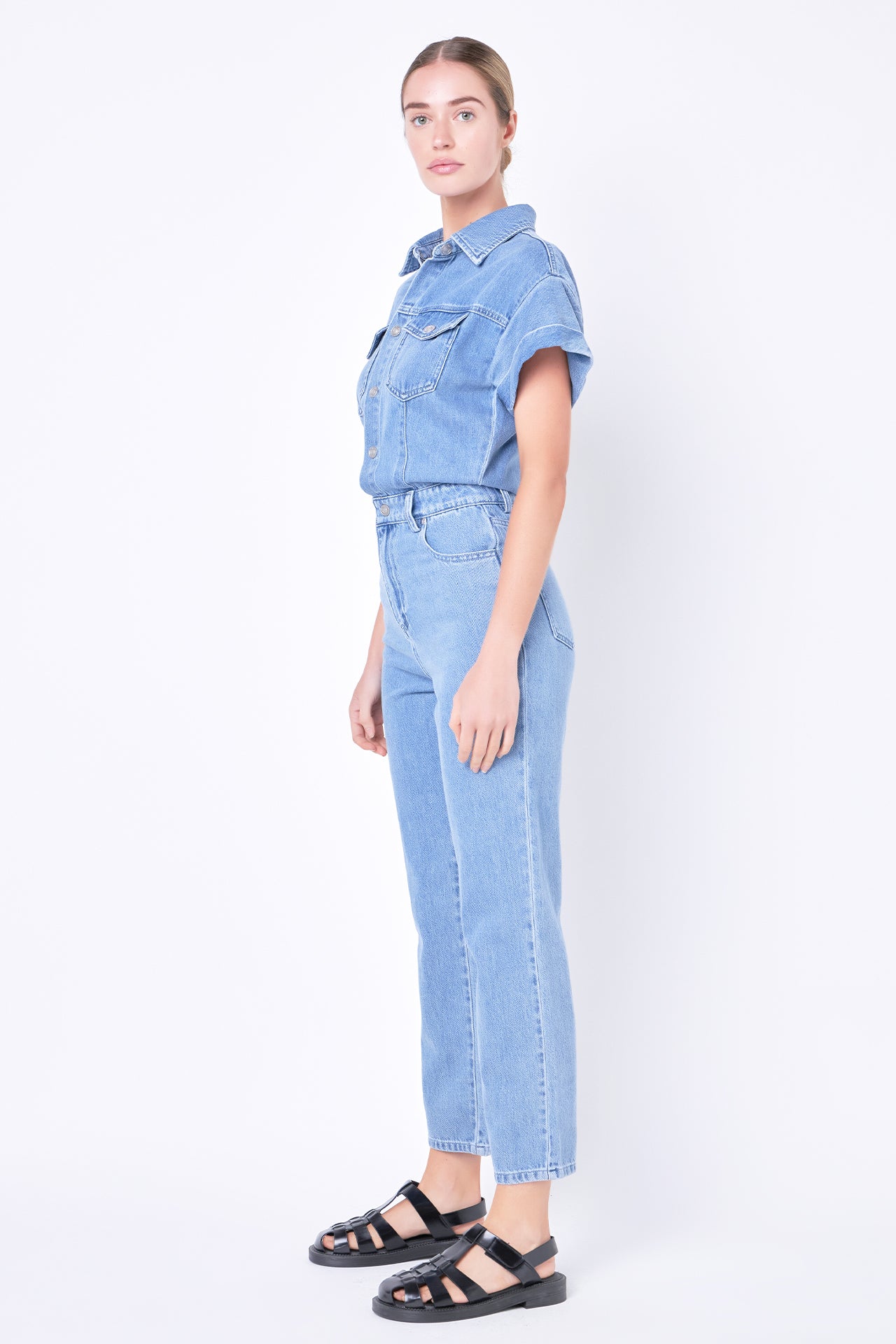 Short Sleeve Denim Jumpsuit