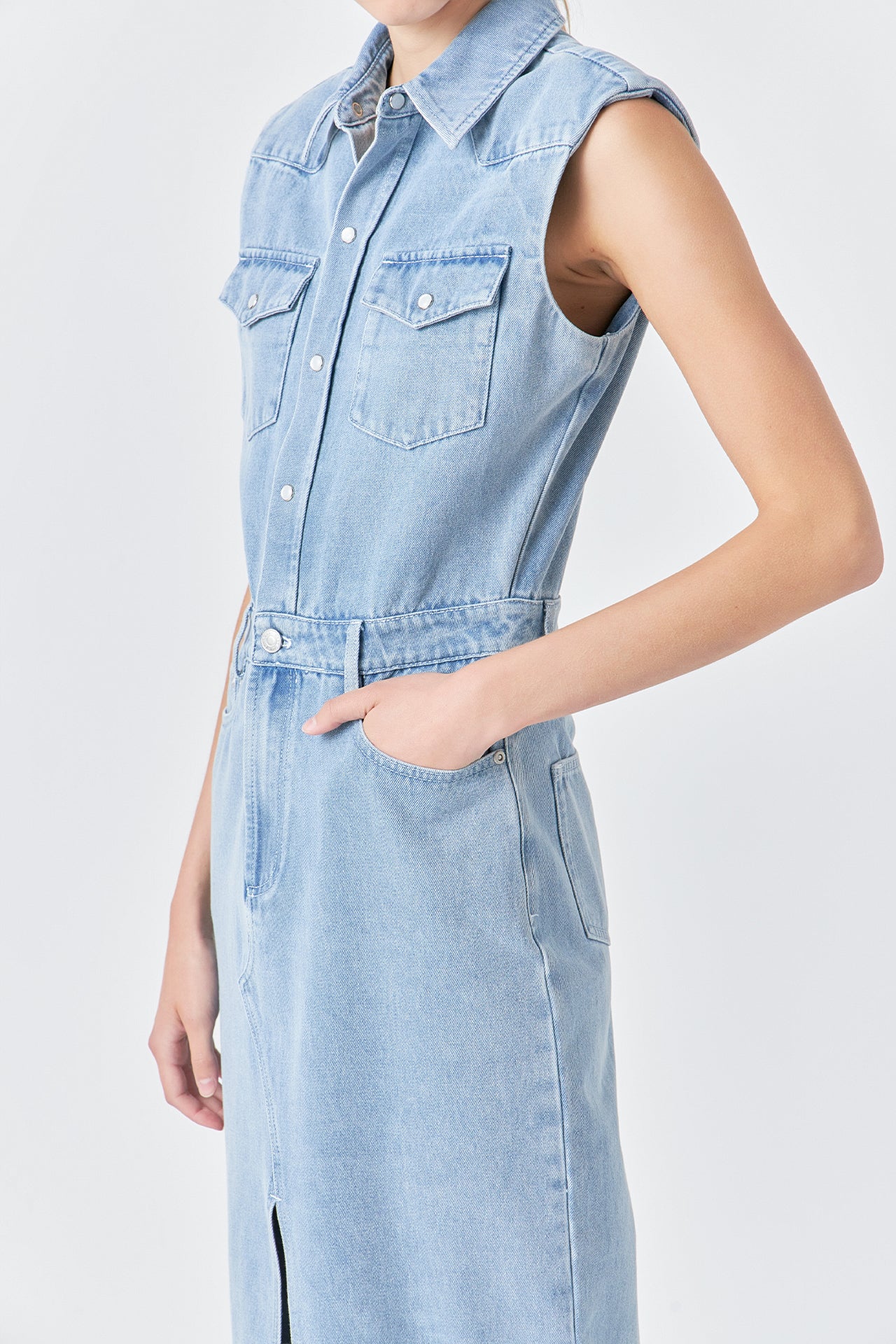 Denim Power Shoulder Maxi Dress