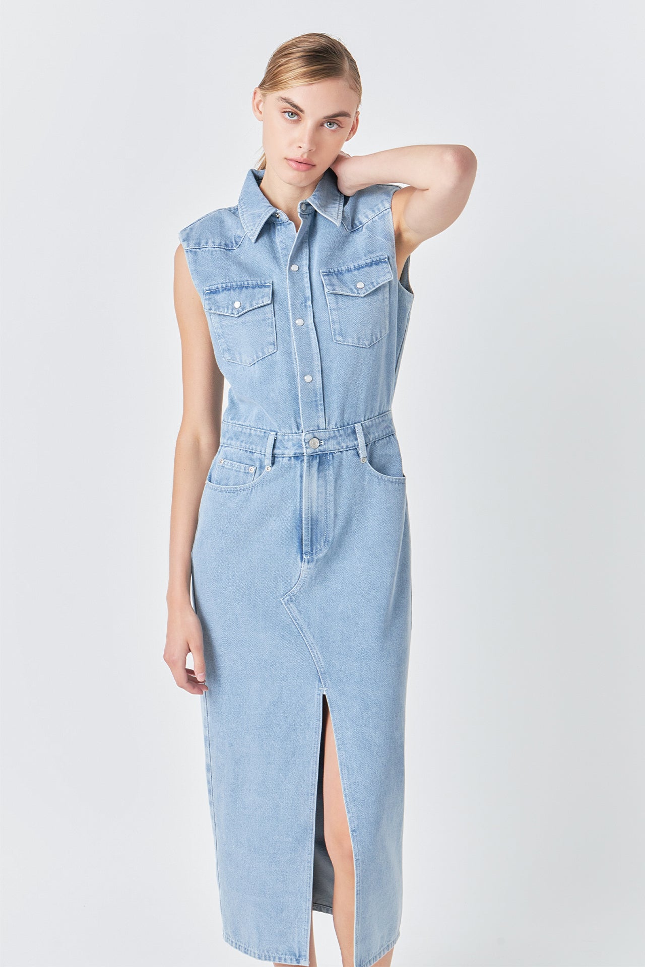 Denim Power Shoulder Maxi Dress