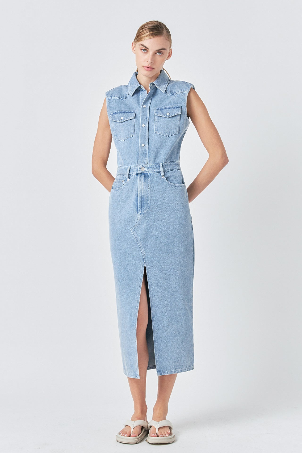 Denim Power Shoulder Maxi Dress