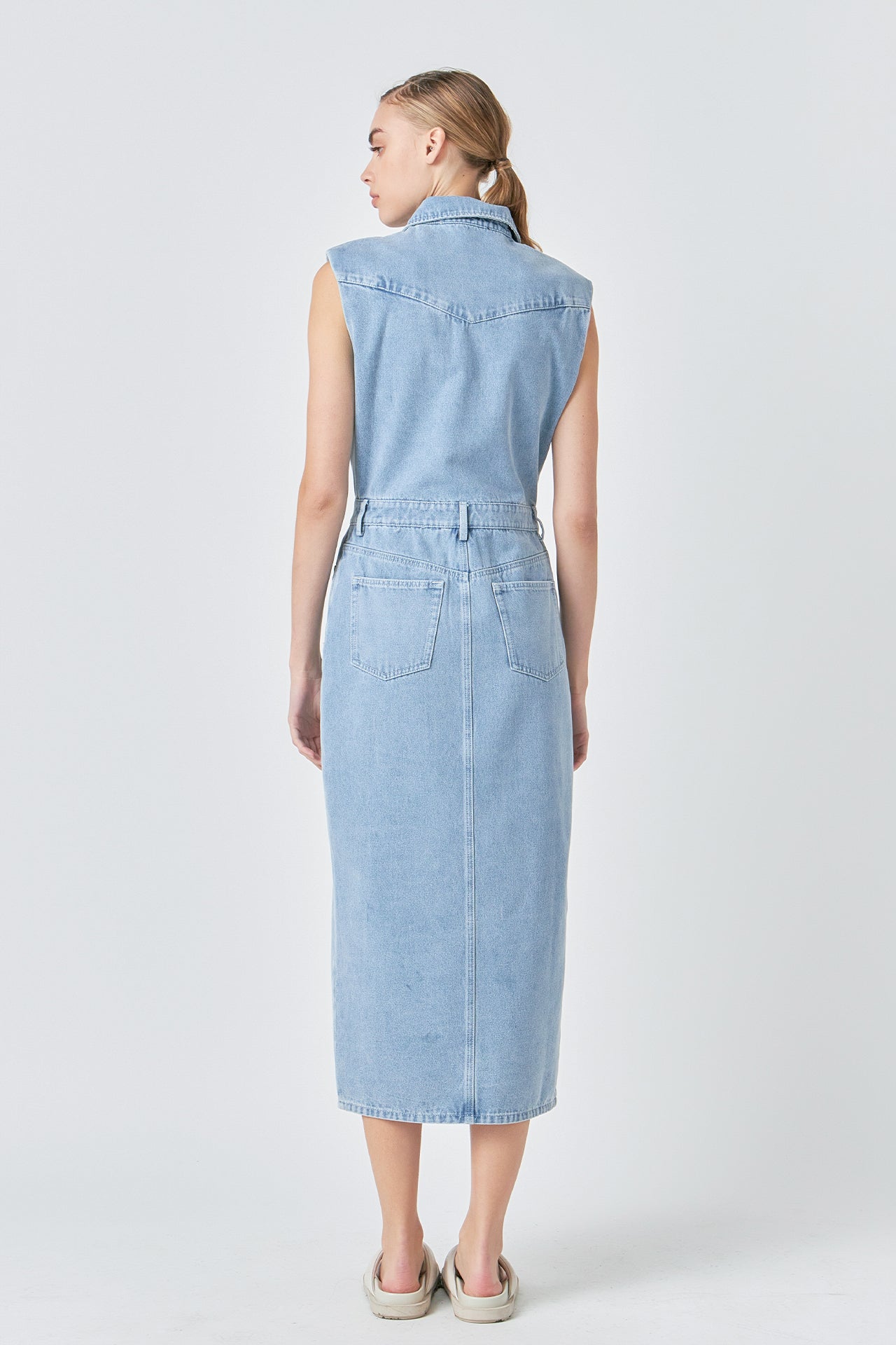 Denim Power Shoulder Maxi Dress