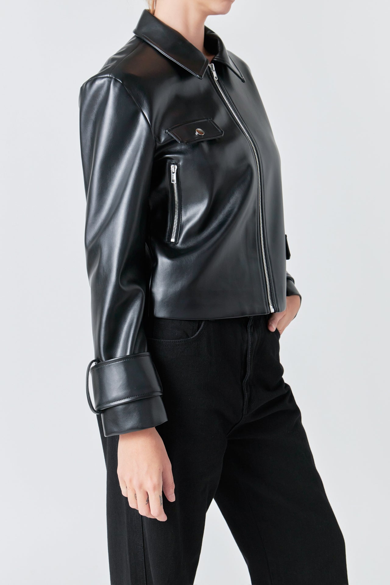 Zip Up Cropped Faux Leather Jacket