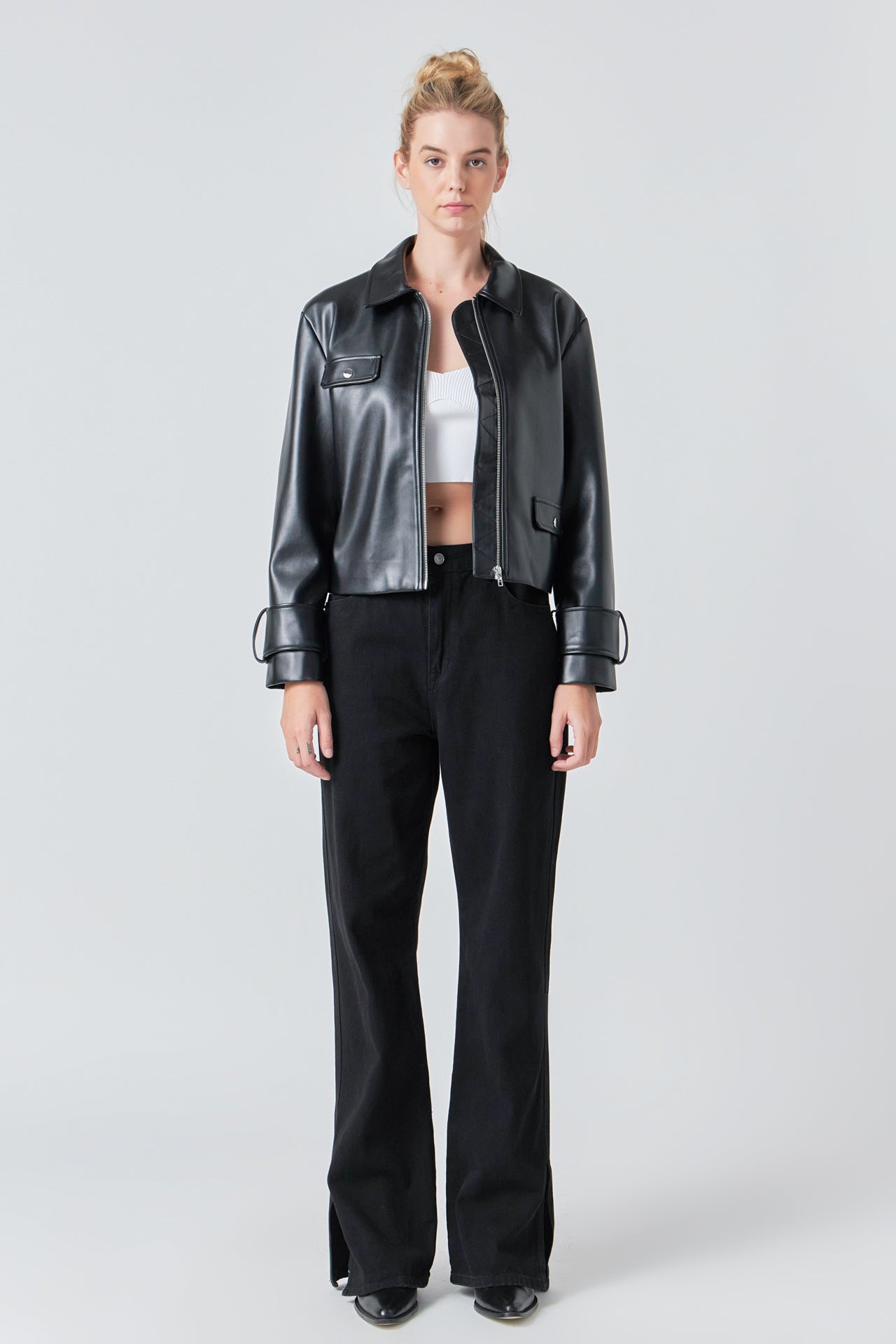 Zip Up Cropped Faux Leather Jacket