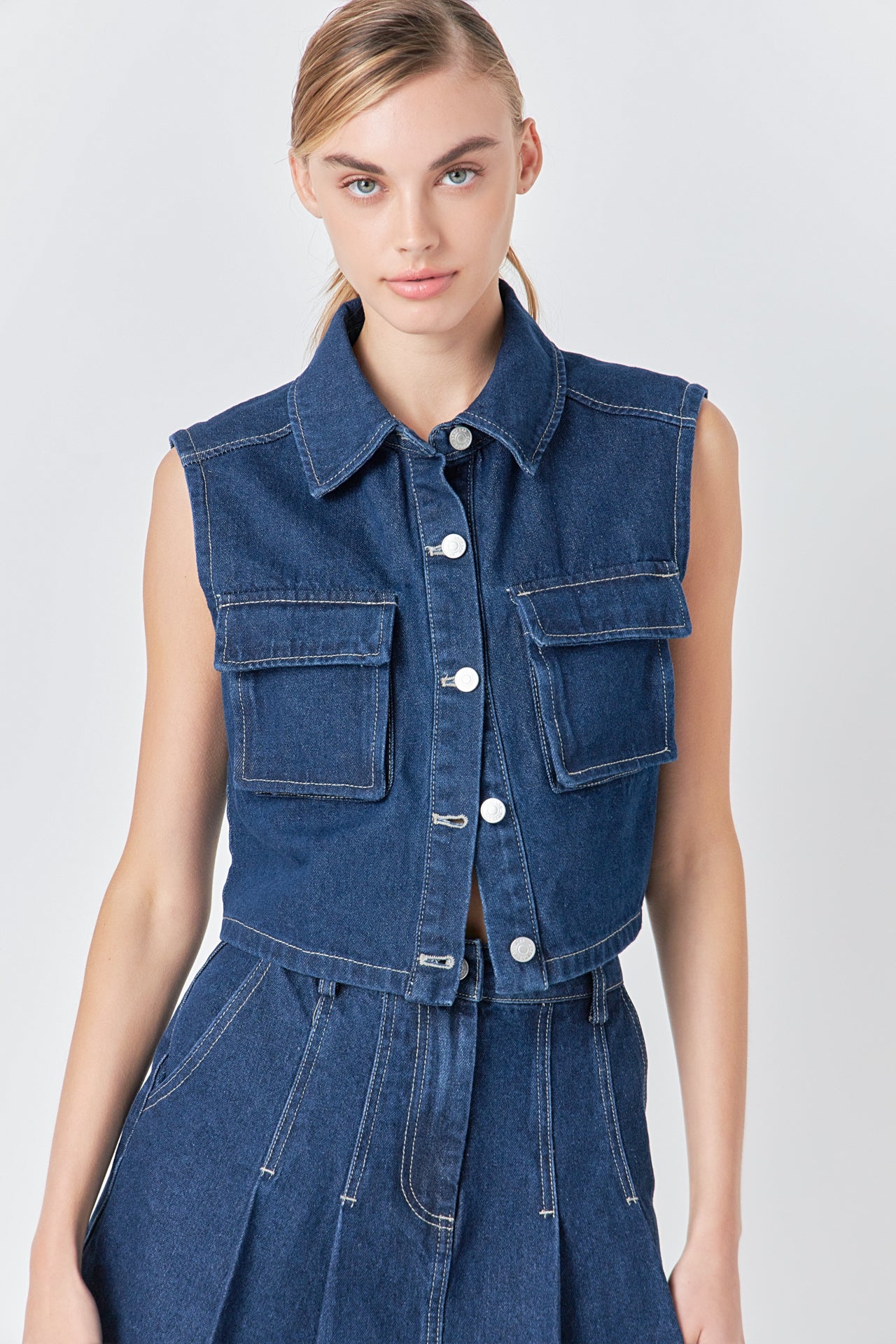 Cropped Denim Vest with Pockets