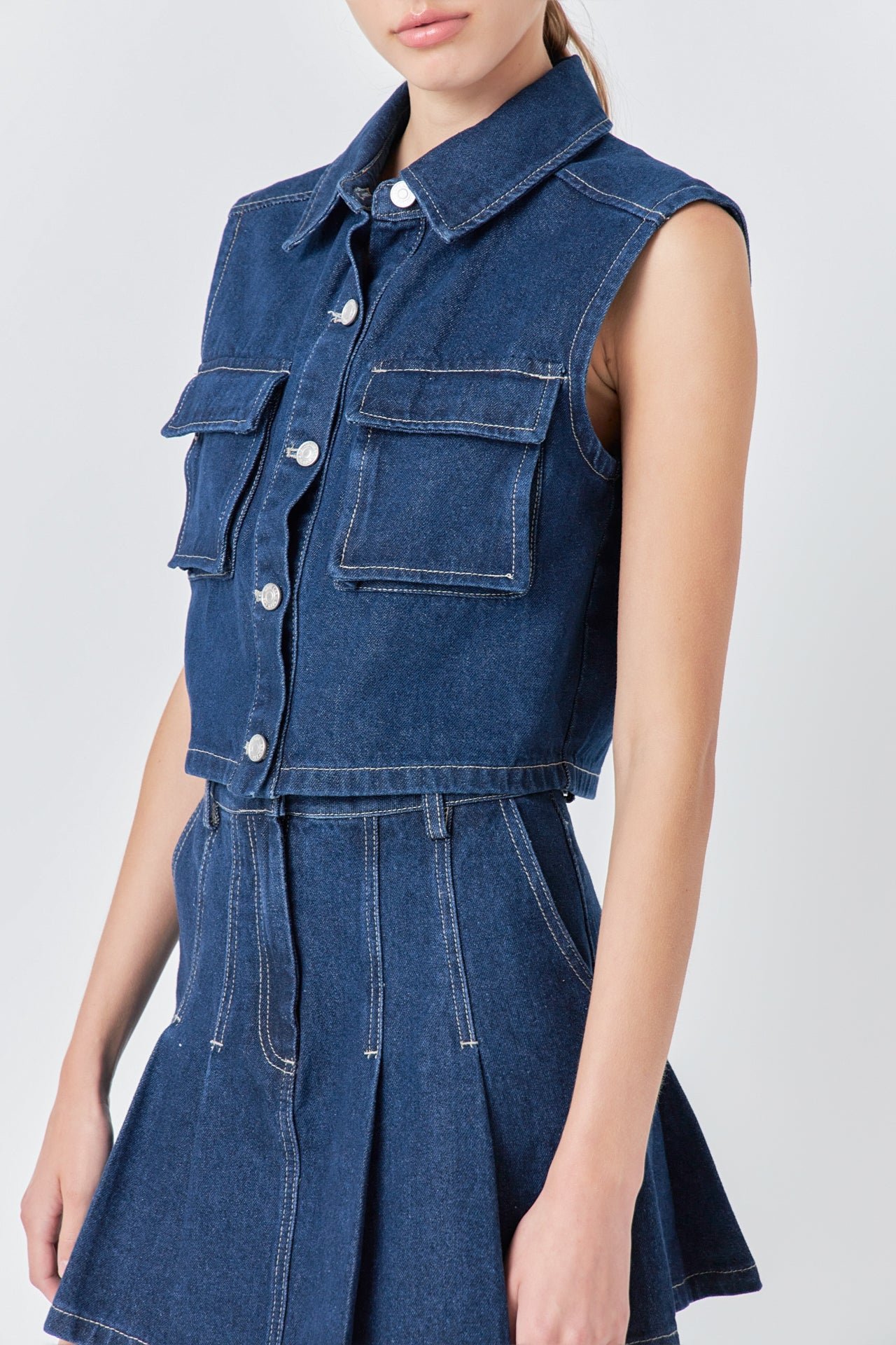 Cropped Denim Vest with Pockets