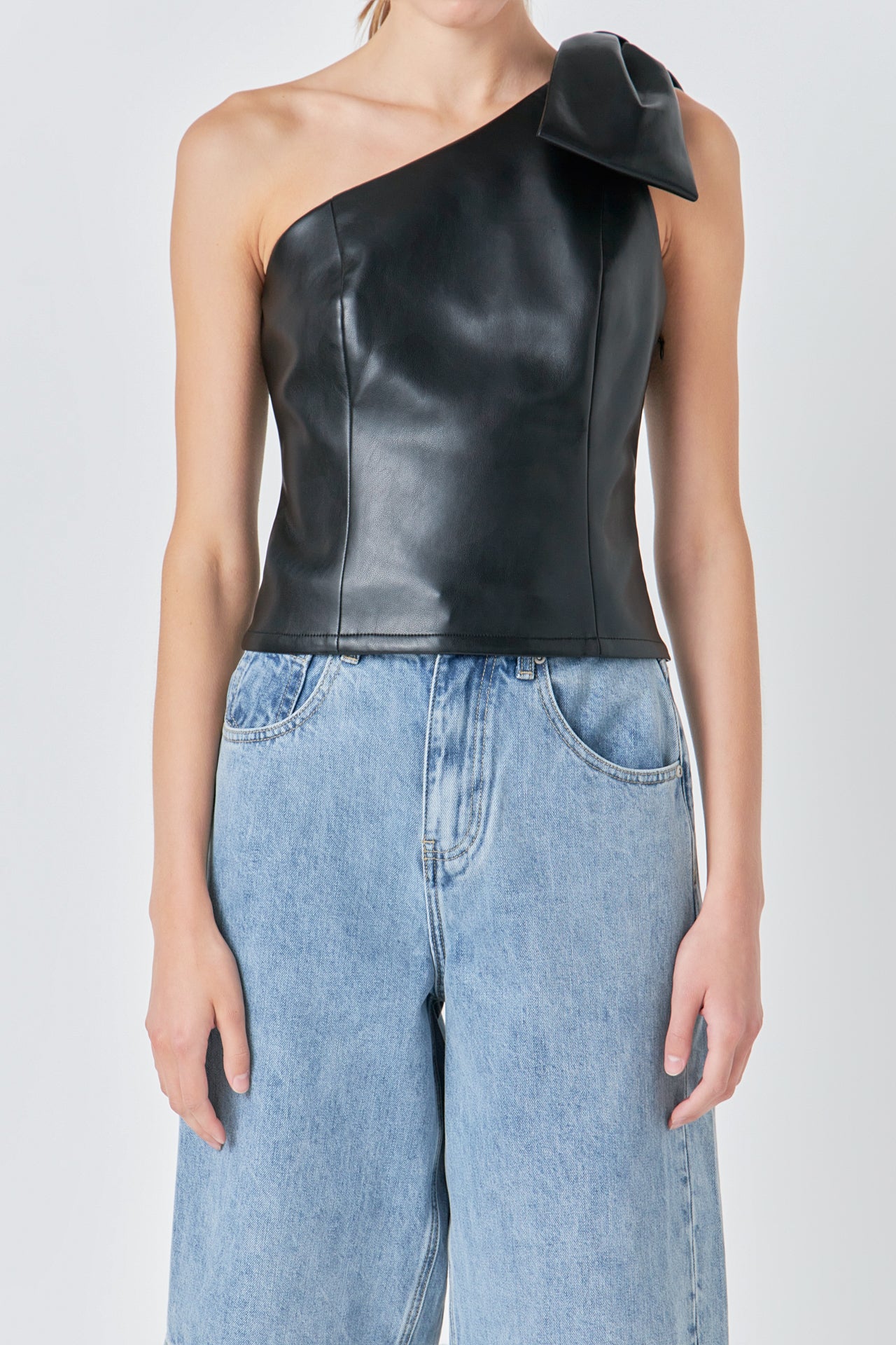 Asymmetric Faux Leather Top with Bow Tie