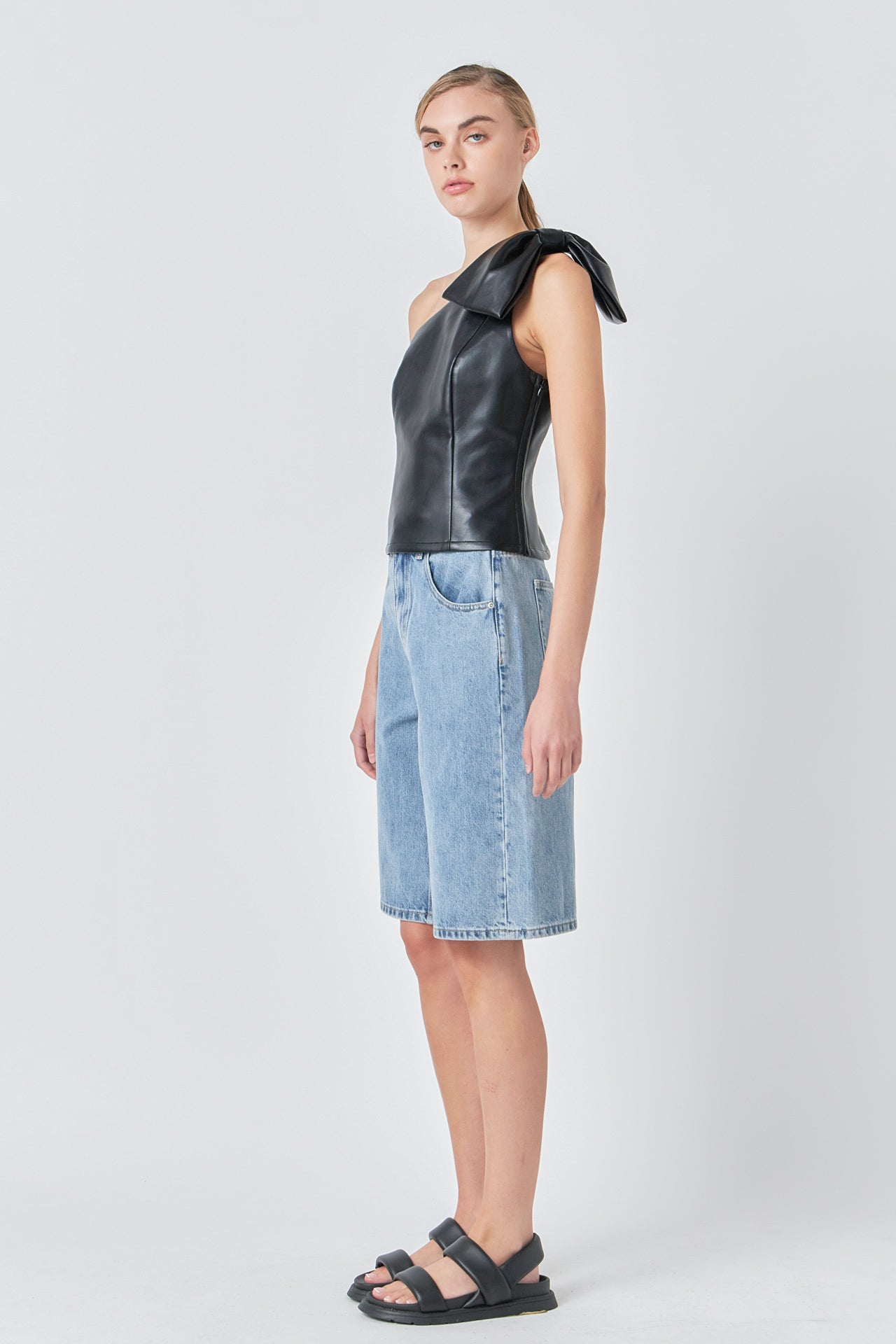 Asymmetric Faux Leather Top with Bow Tie