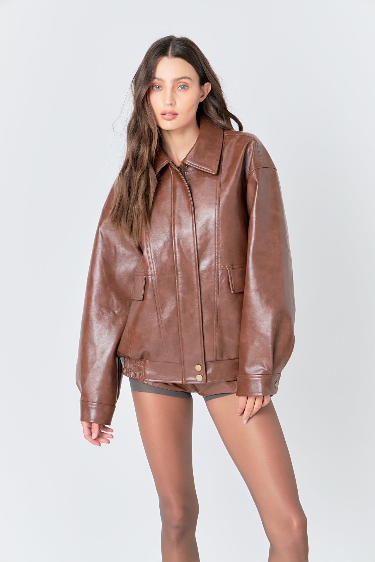 Faux Leather Collared Jacket