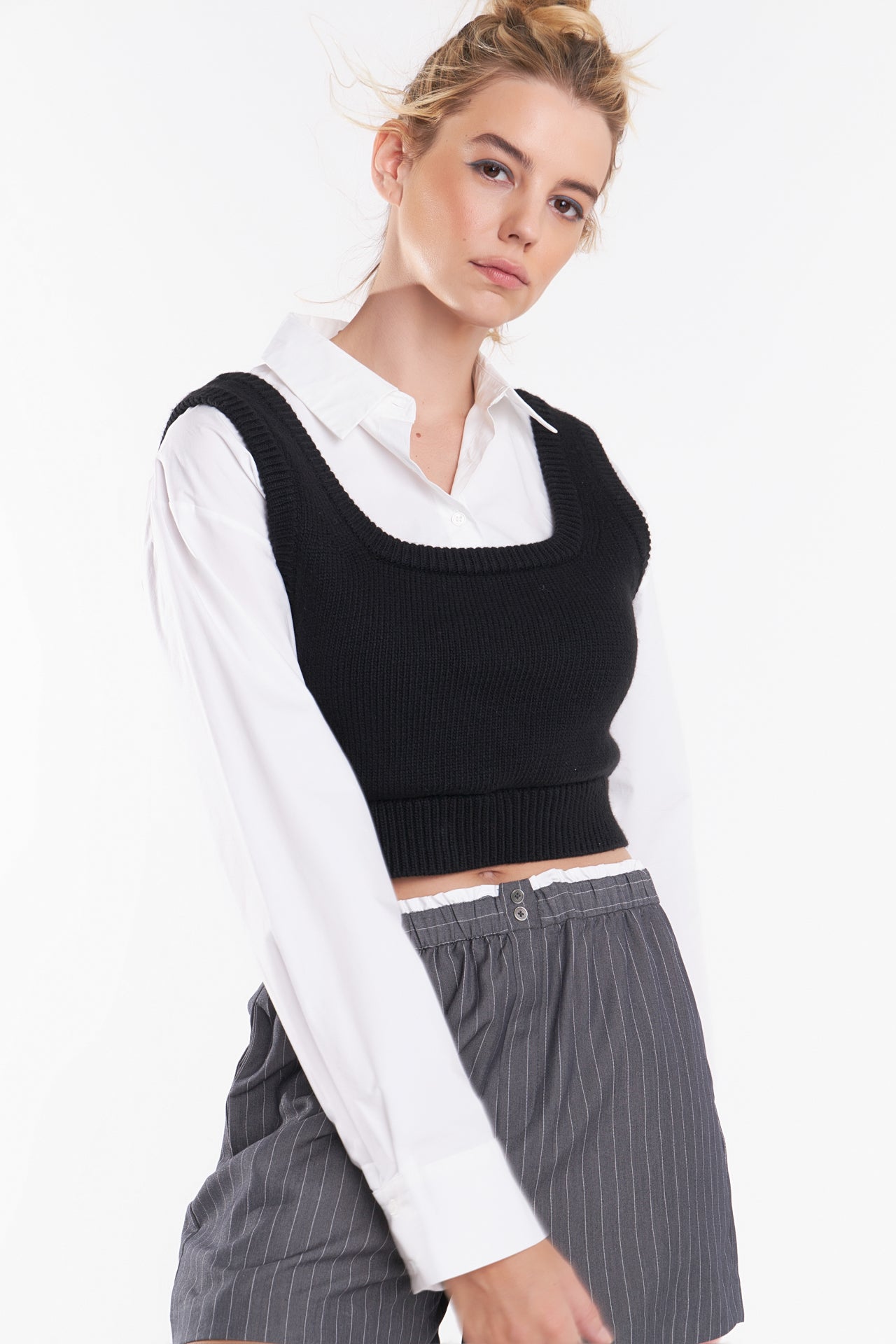 Cropped Knit Top Over Shirt