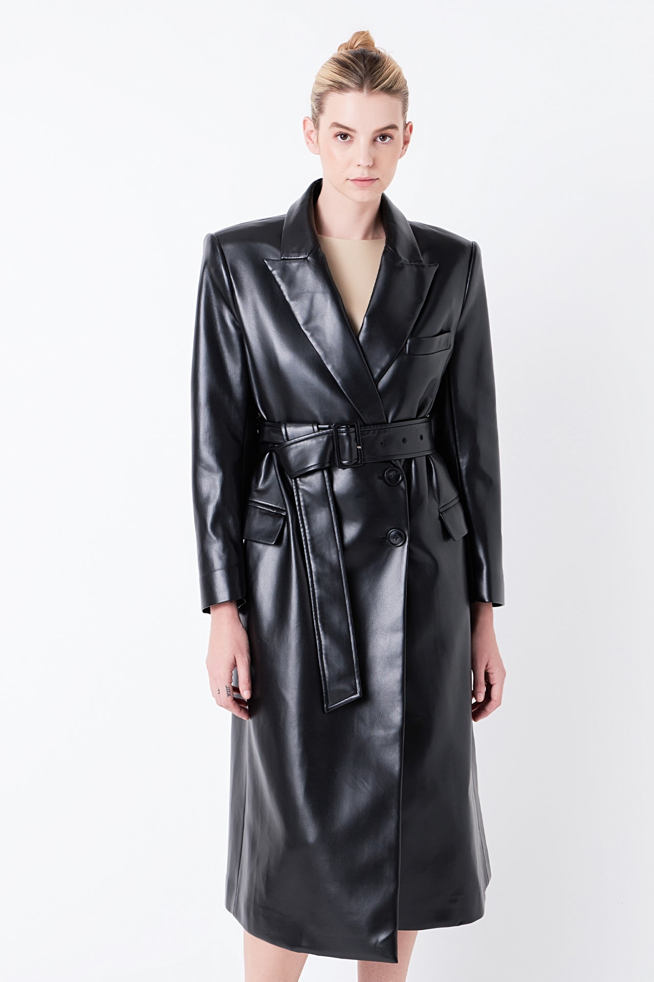 Long Faux Leather Trench Coat