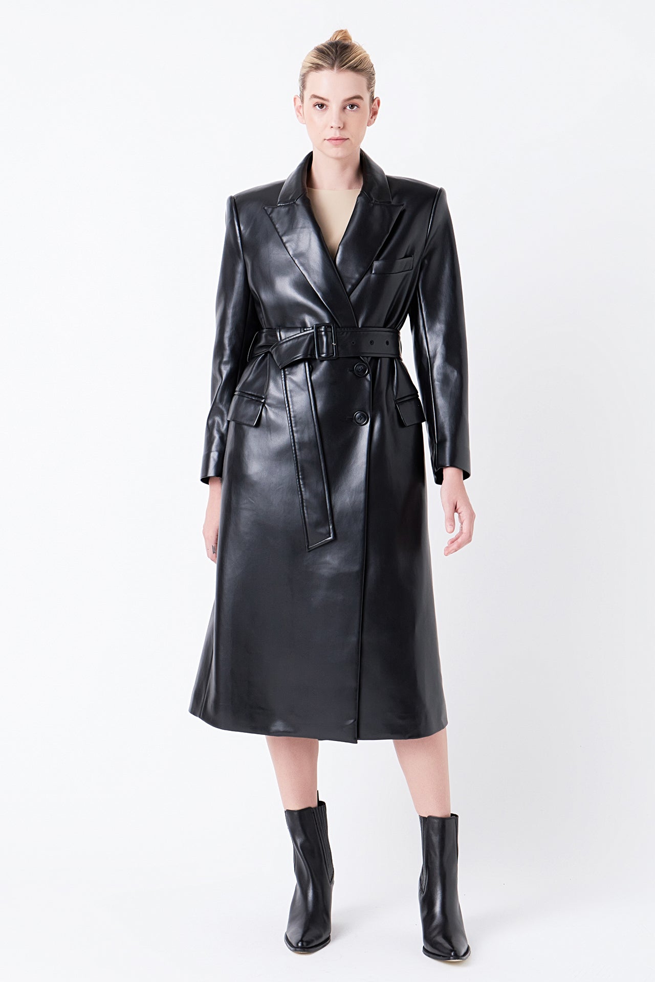 Long Faux Leather Trench Coat