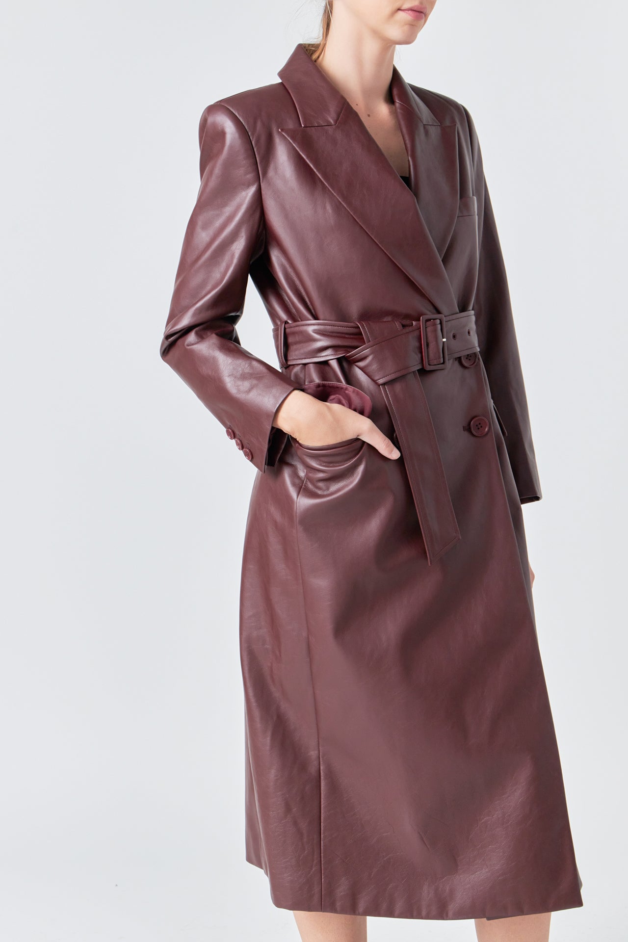 Long Faux Leather Trench Coat