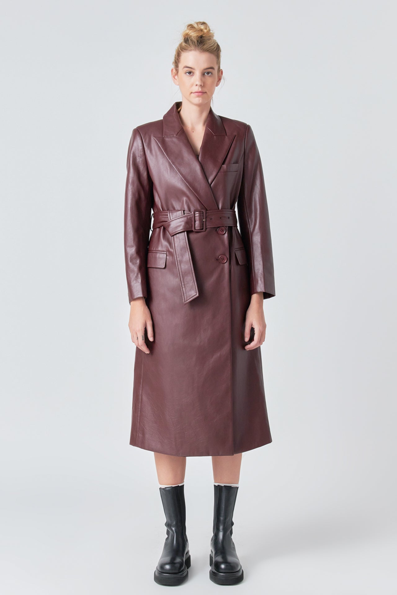 Long Faux Leather Trench Coat