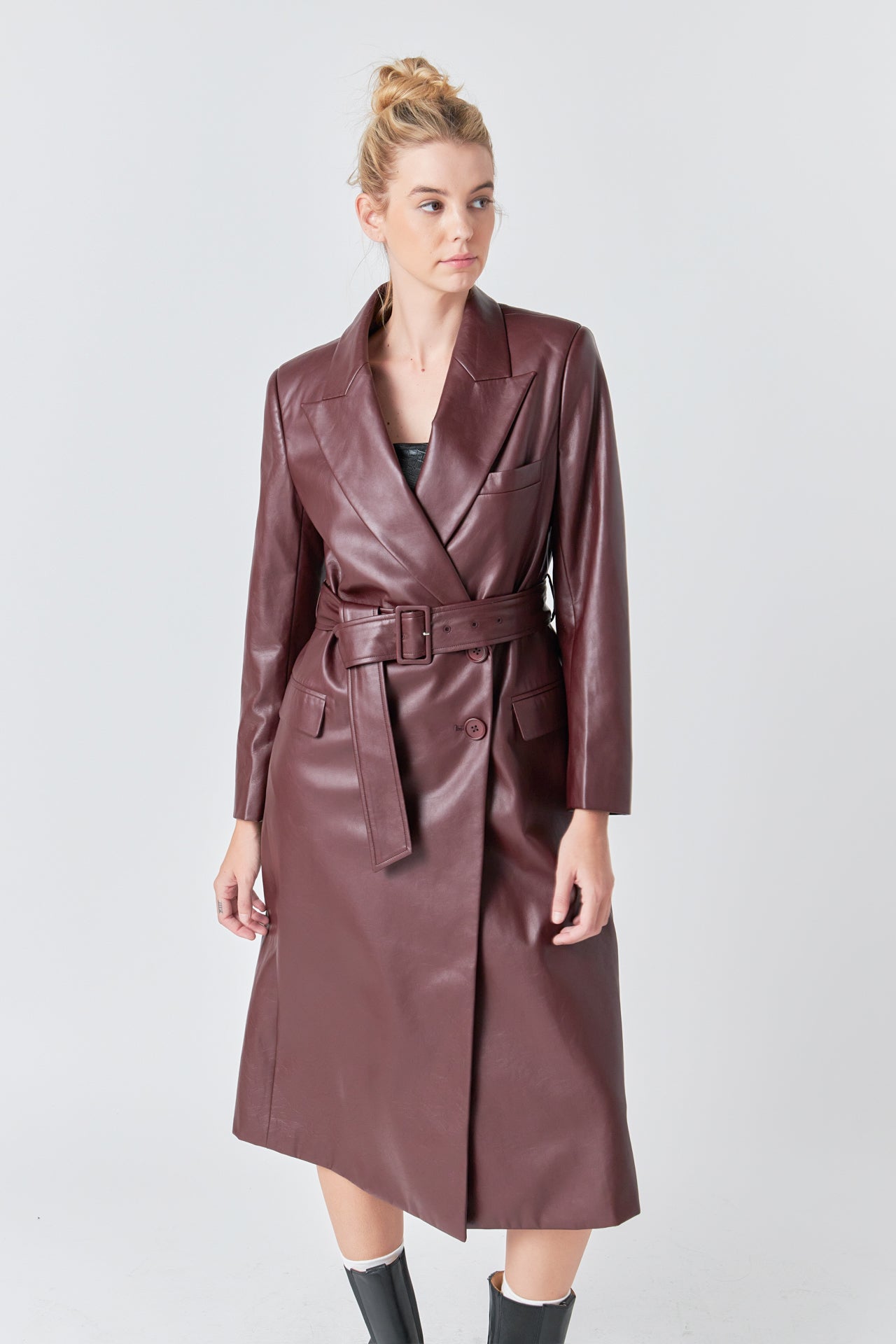 Long Faux Leather Trench Coat