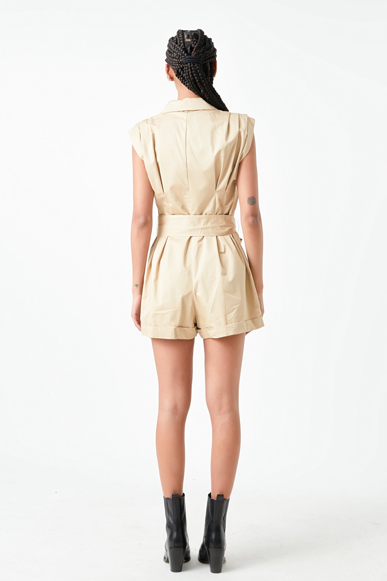 Shoulder Pleated Collared Romper