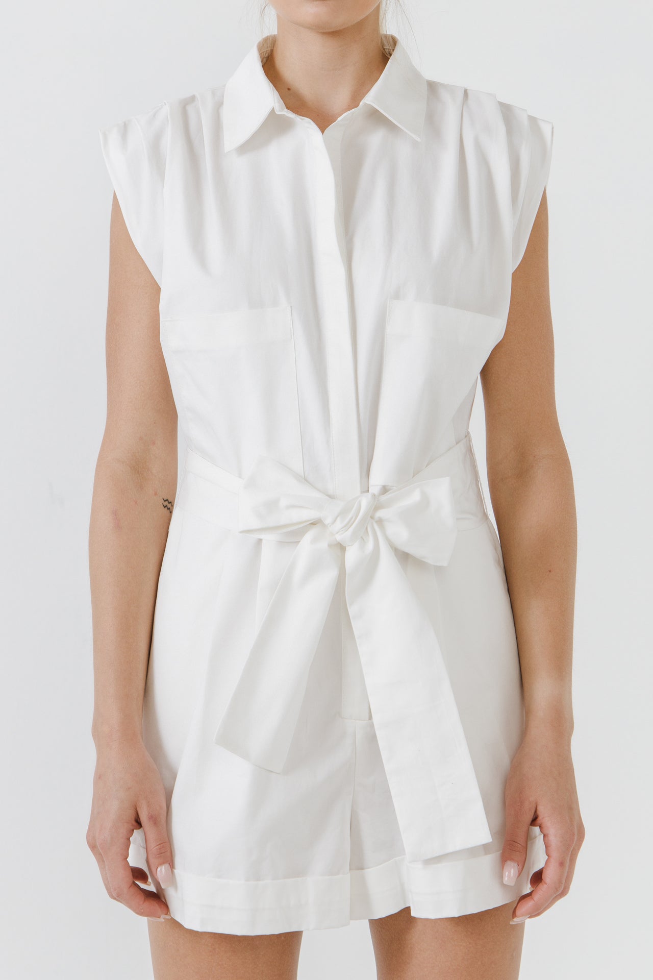 Shoulder Pleated Collared Romper