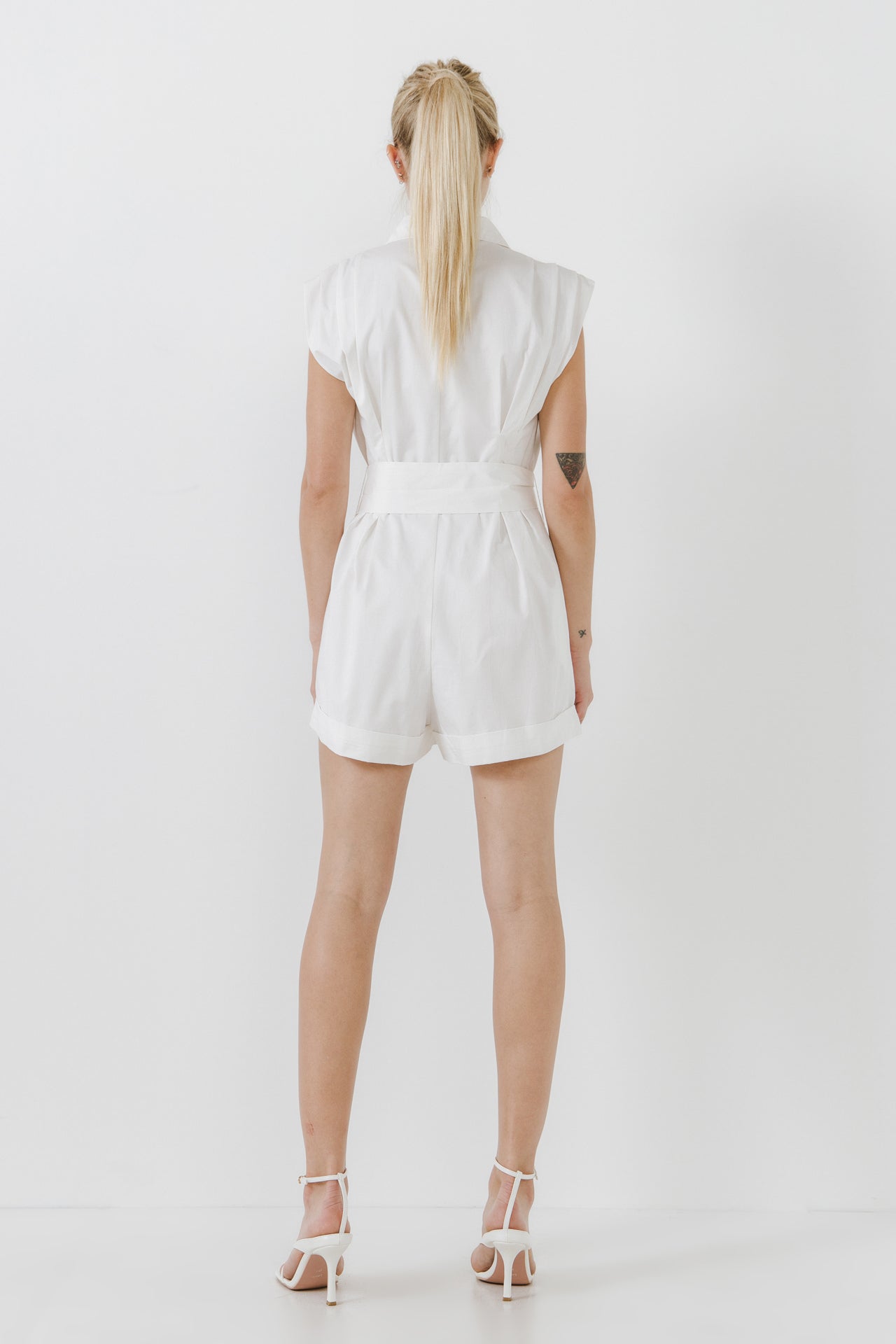 Shoulder Pleated Collared Romper