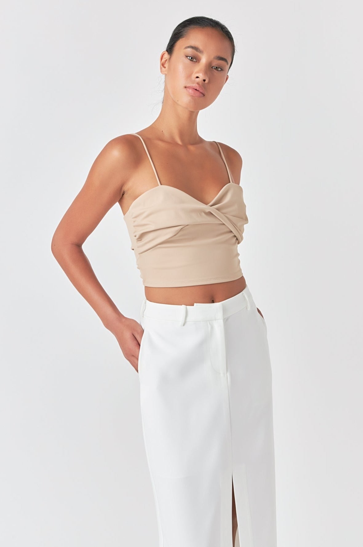 Ruched Nylon Jersey Back Twist Tank