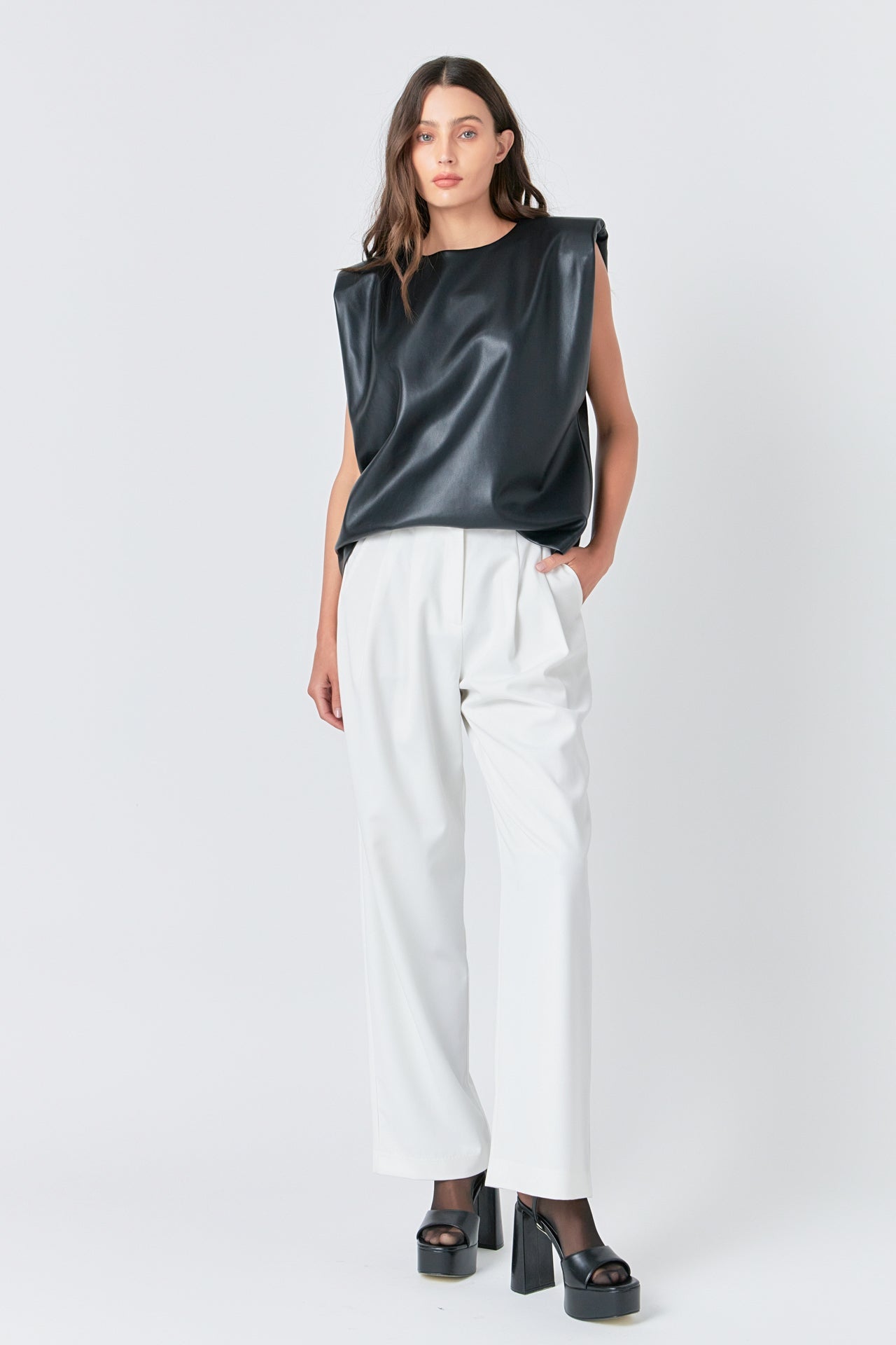 Shoulder Padded Faux Leather Top