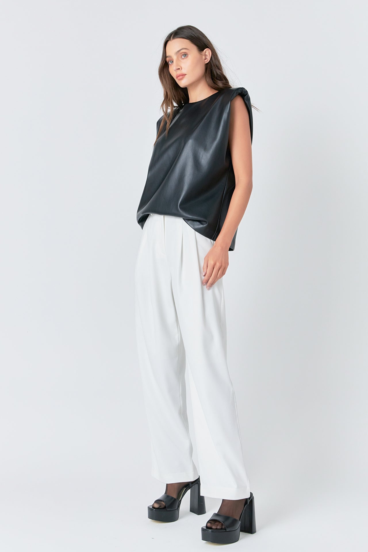Shoulder Padded Faux Leather Top