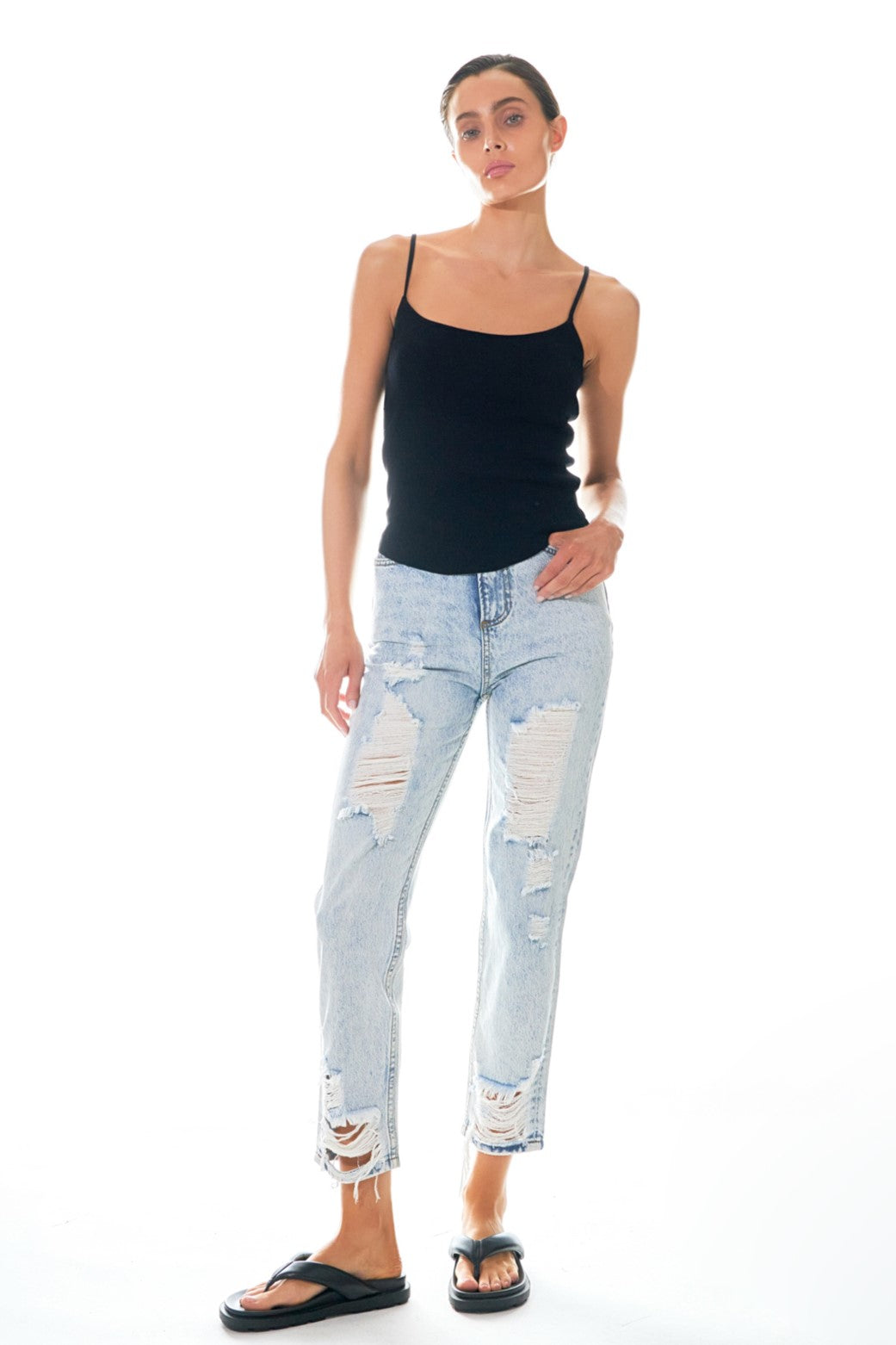 High-Waisted Distressed Straight Leg Jeans