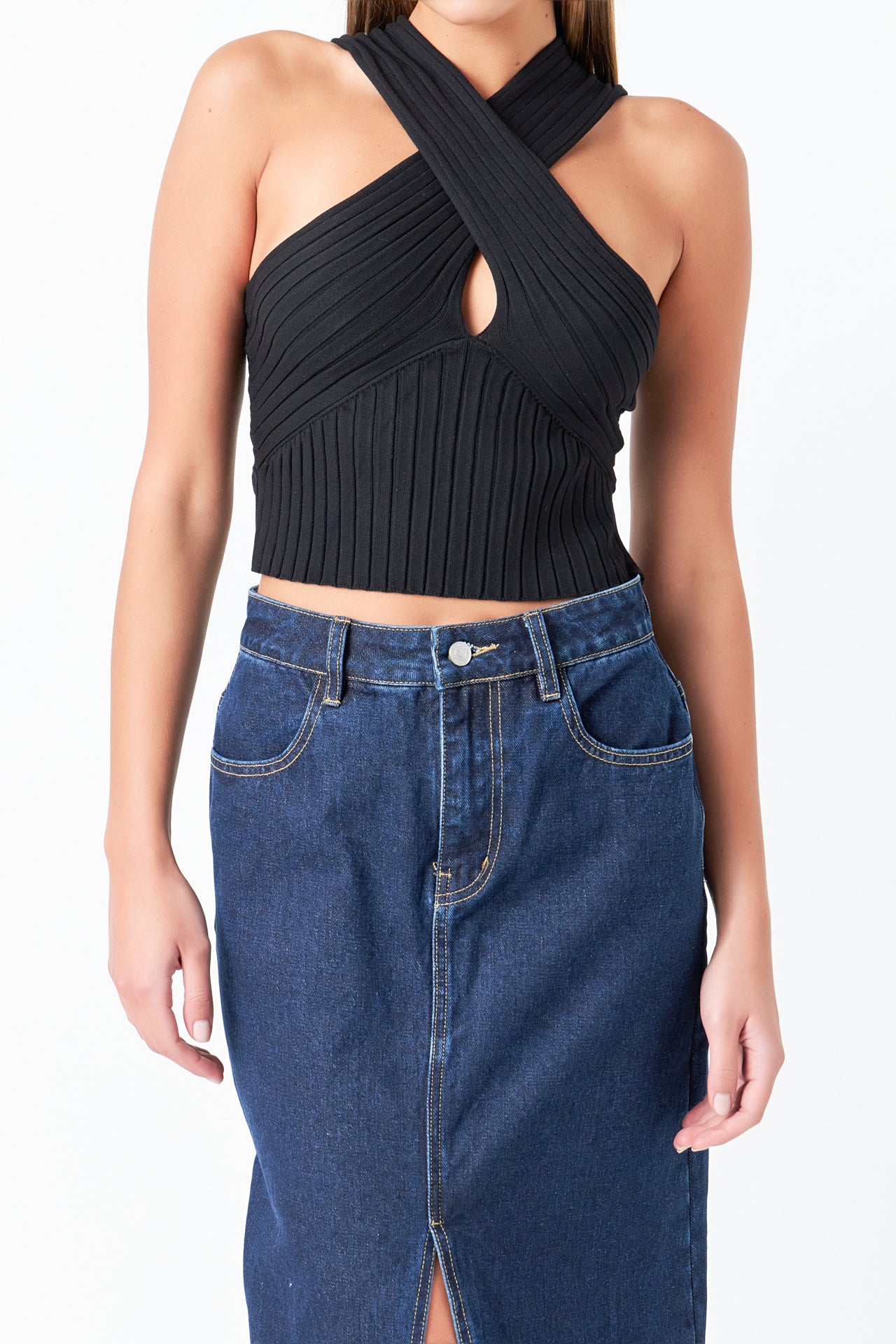 Fine Rib Knit Halter Peekaboo Top