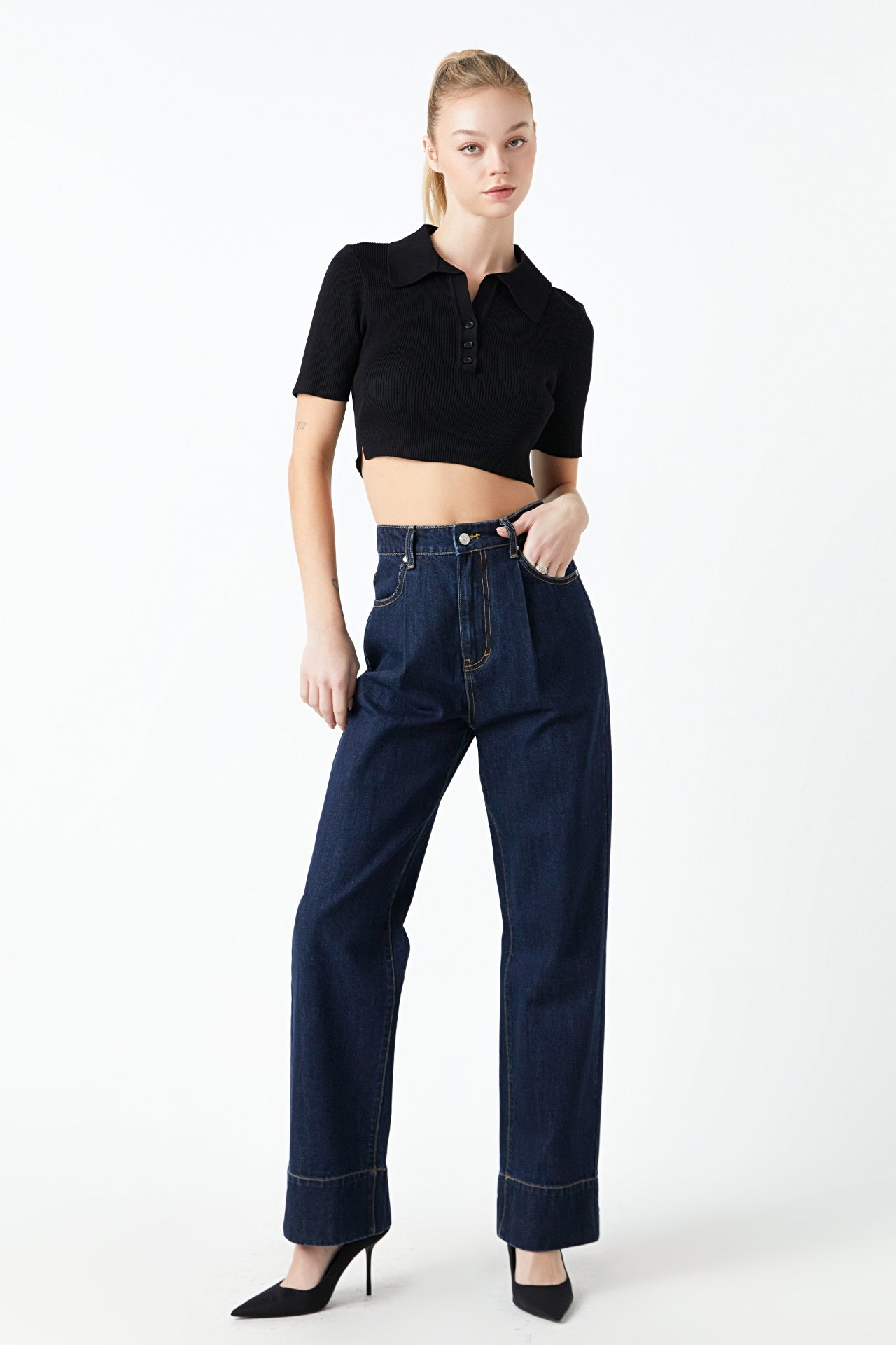 Ribbed Polo Knit Top with Side slit