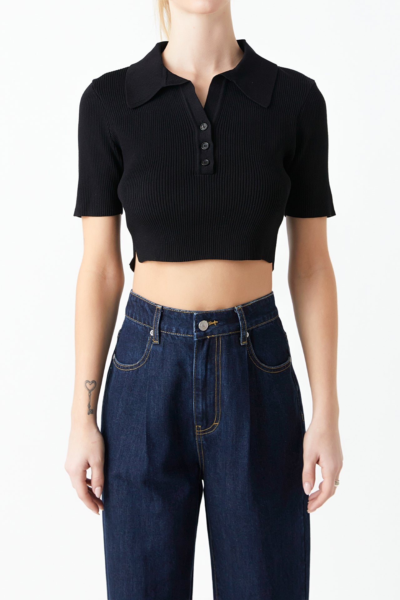 Ribbed Polo Knit Top with Side slit