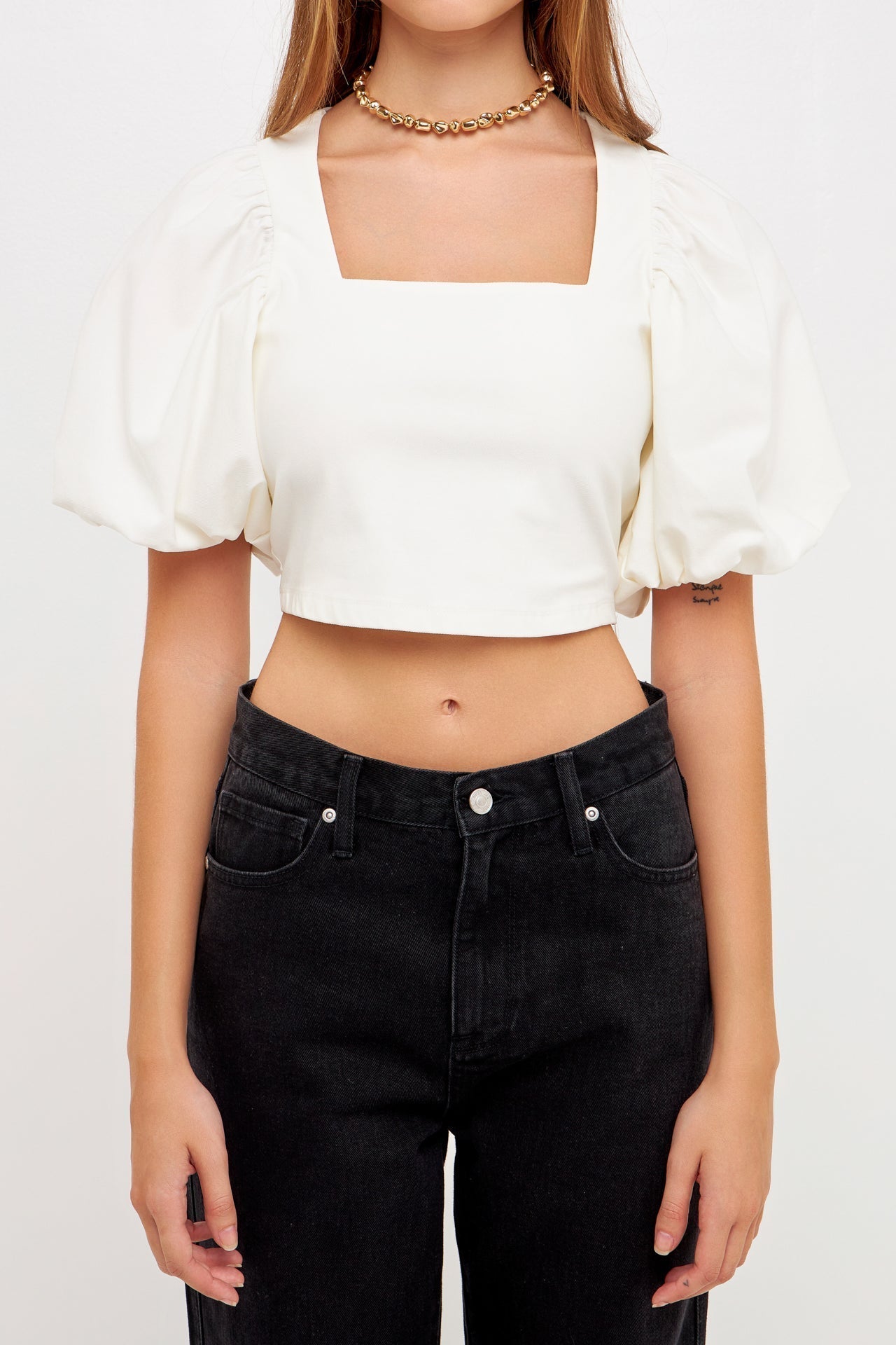 GREY LAB-Square neckline Puff Sleeve Stretch Fabric Top-TOPS available at Objectrare