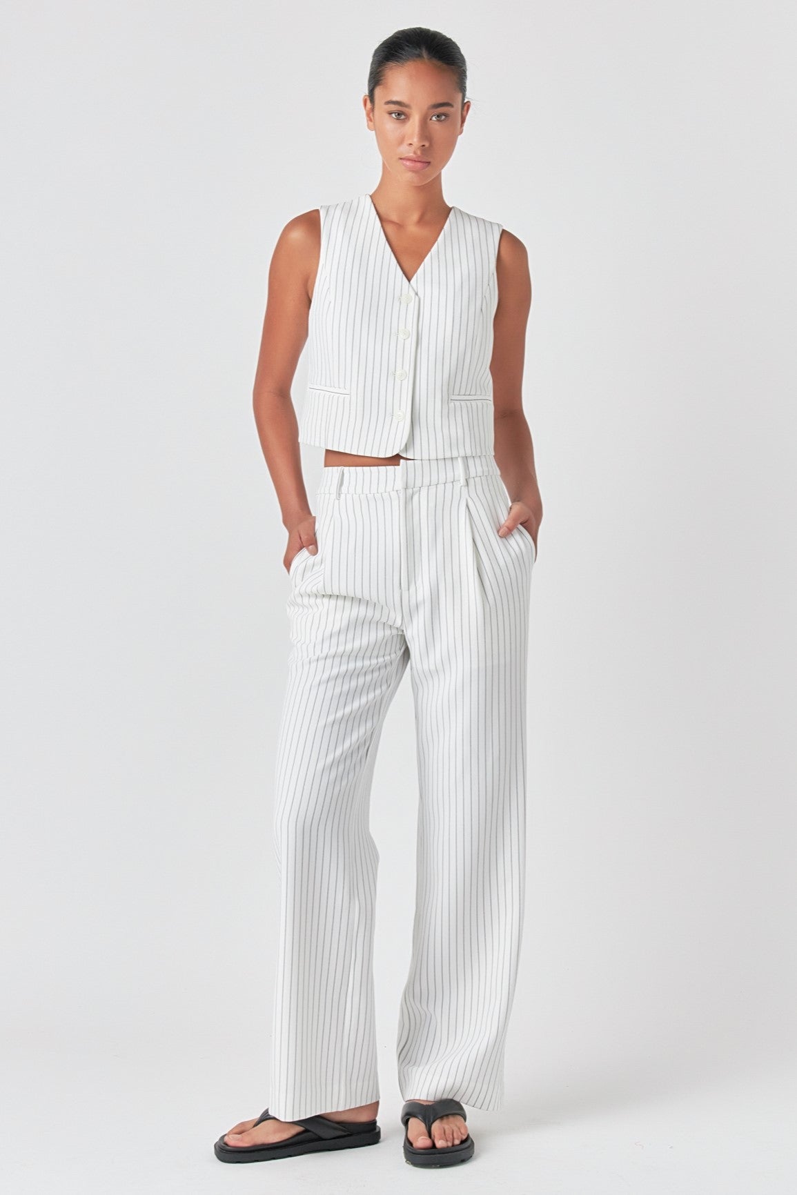 Pinstriped High Waisted Wide Trousers