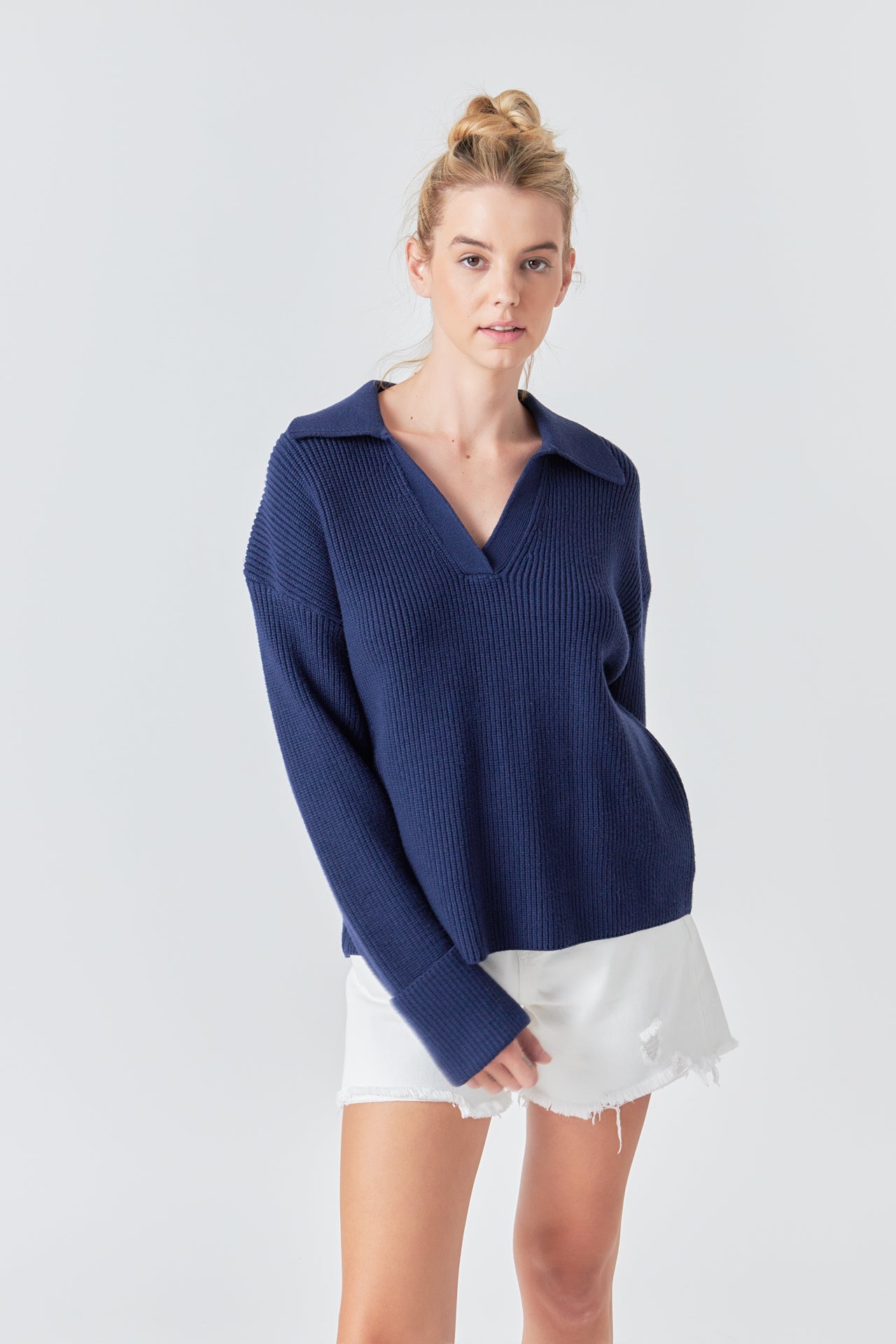 Collar V neck Knit Top